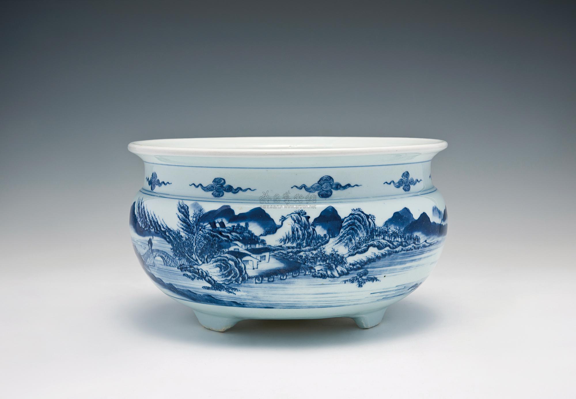 青花山水纹三足炉-中国陶瓷珍品-雅昌拍卖