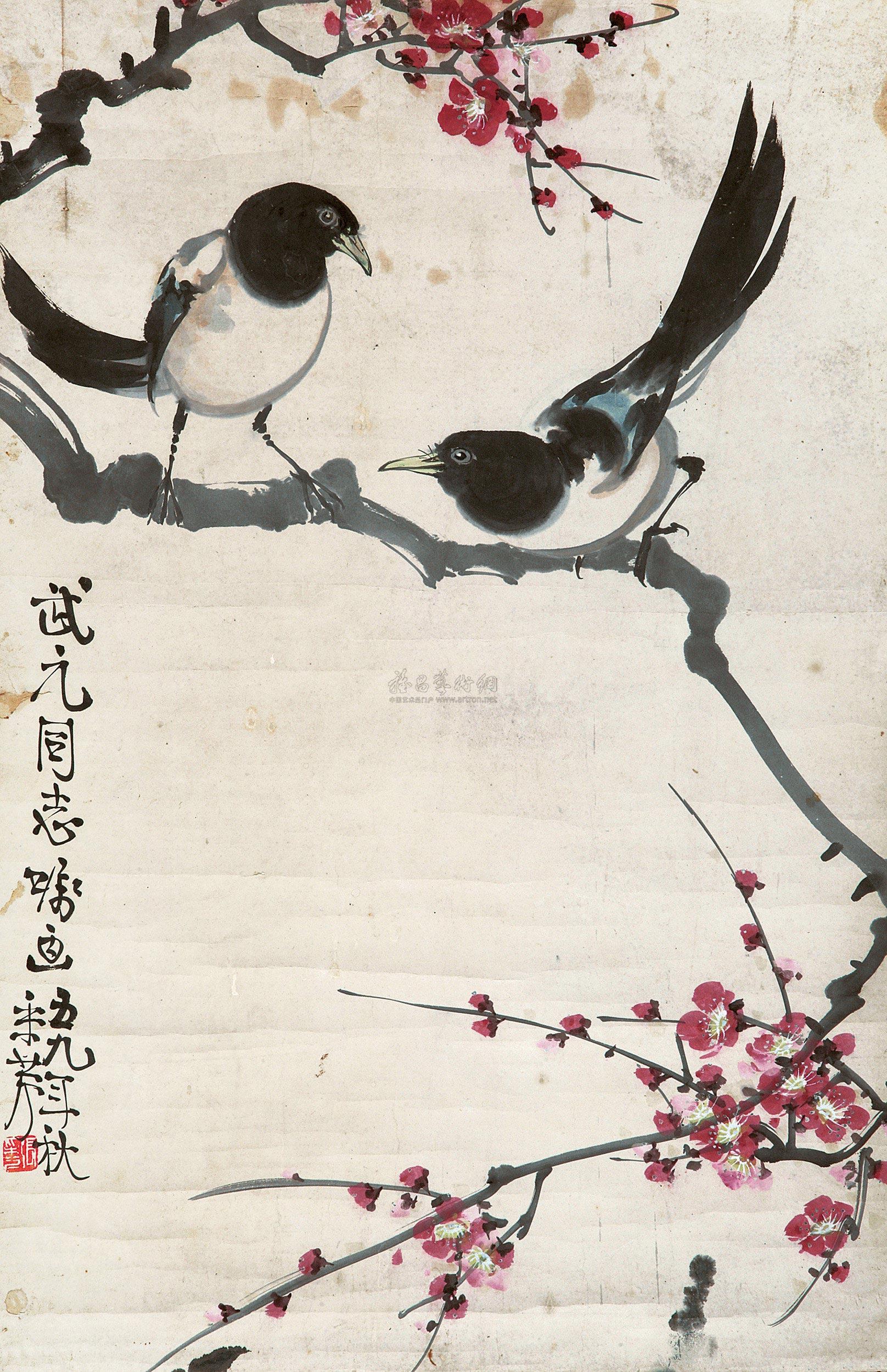 0005红梅喜鹊立轴纸本