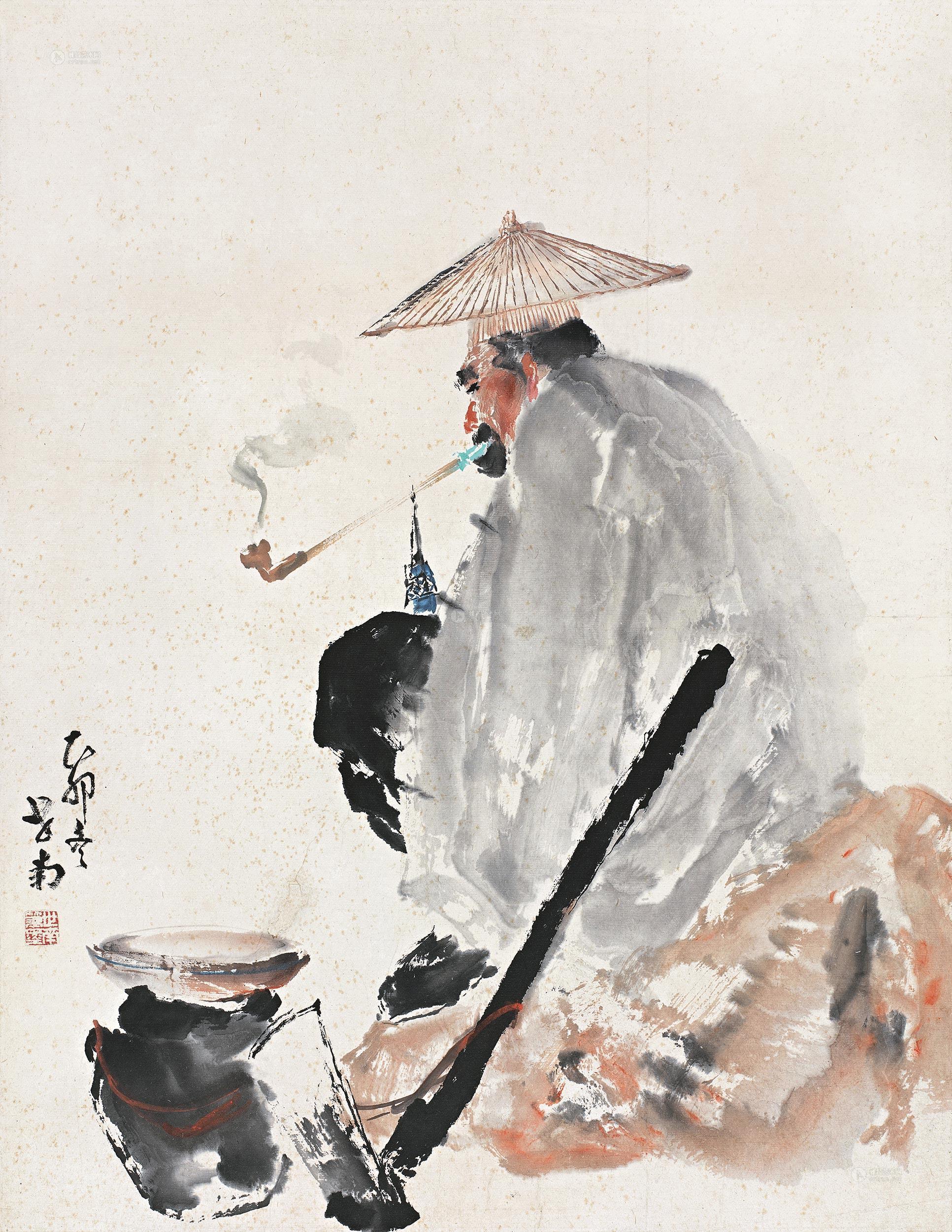 0217老翁镜片设色纸本