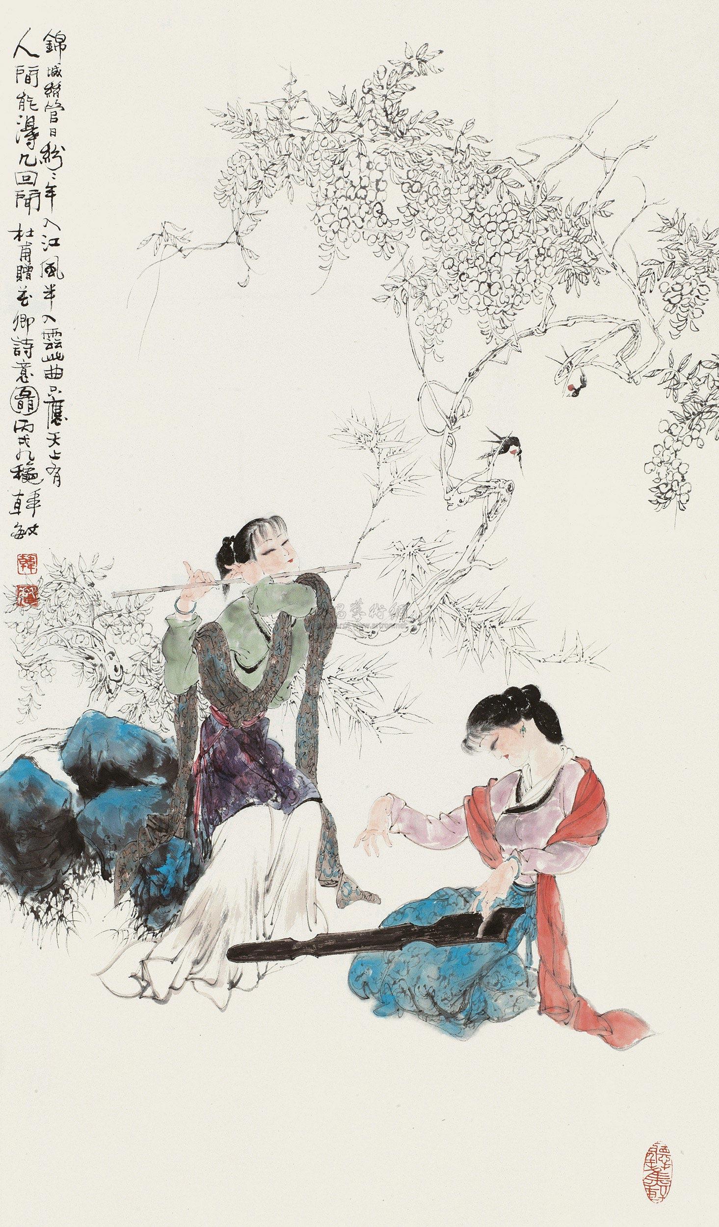 0860 丙戌(2006)年作 杜甫赠花卿诗意图 立轴 设色纸本