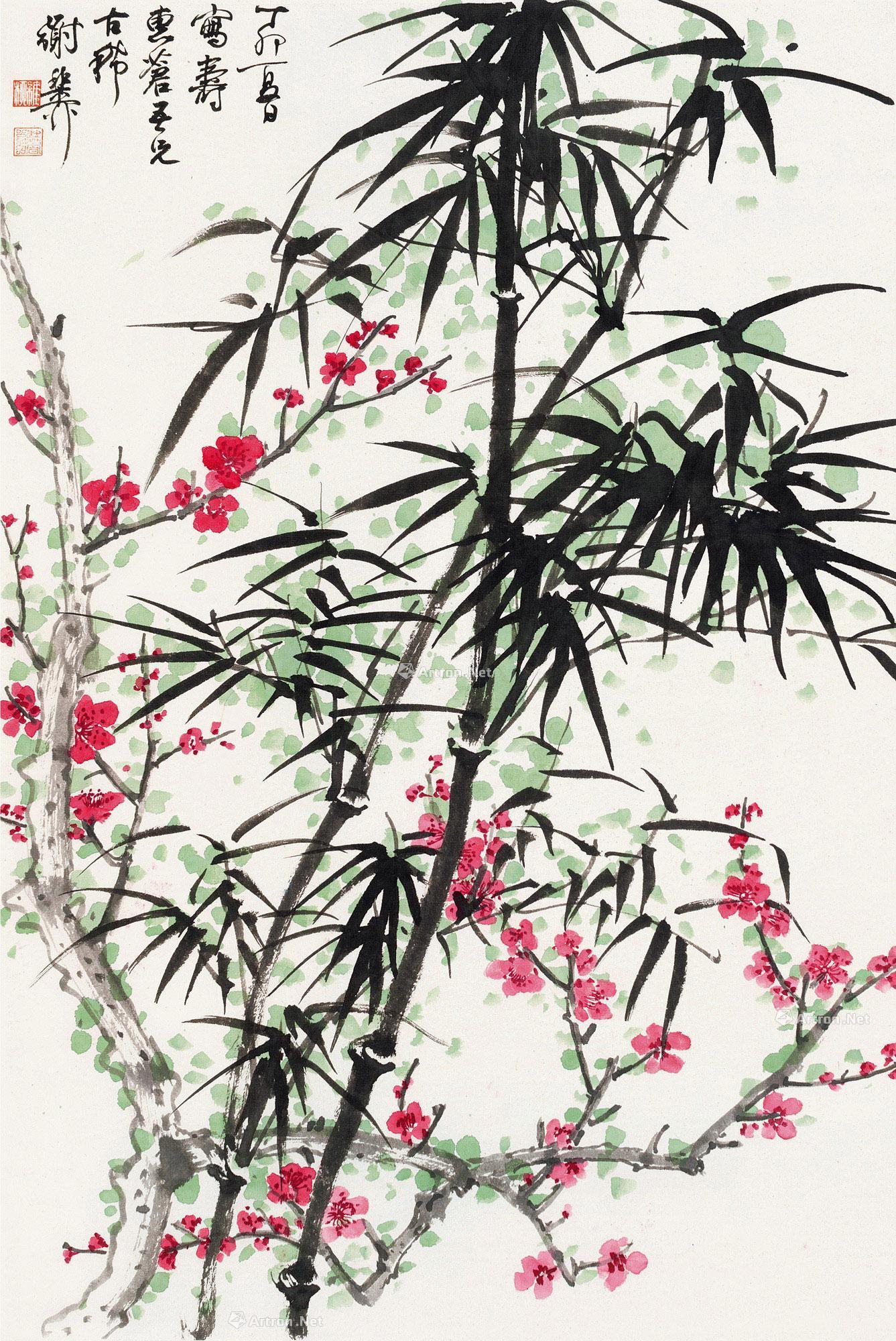 0354 丁卯(1987)年作 梅竹双清图 立轴 设色纸本