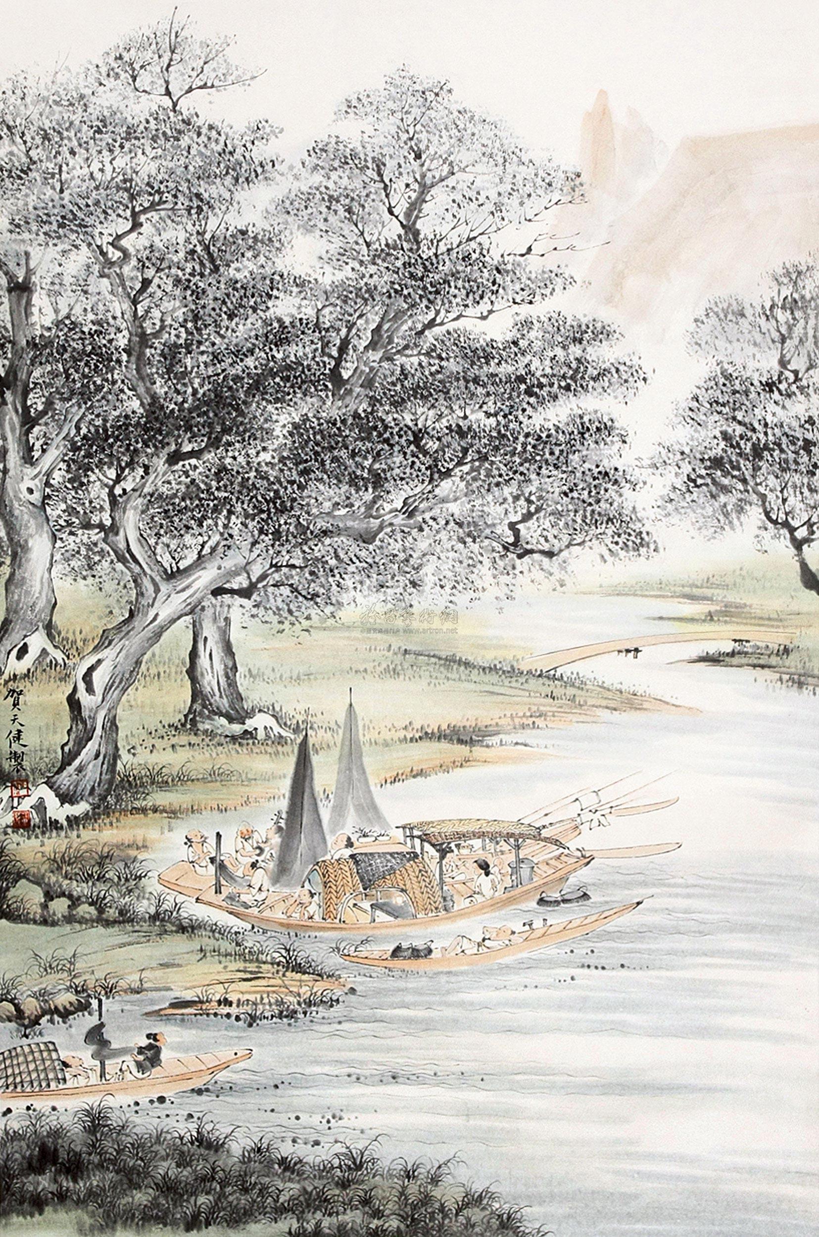 0134山水人物立轴纸本