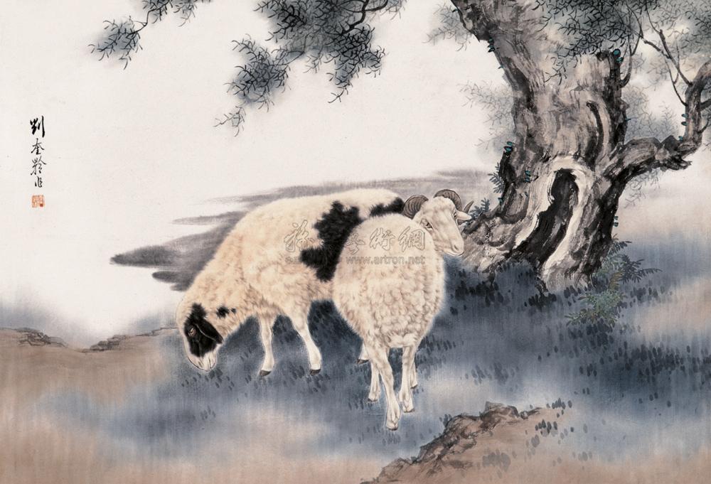 0111 双羊图 镜心 设色纸本