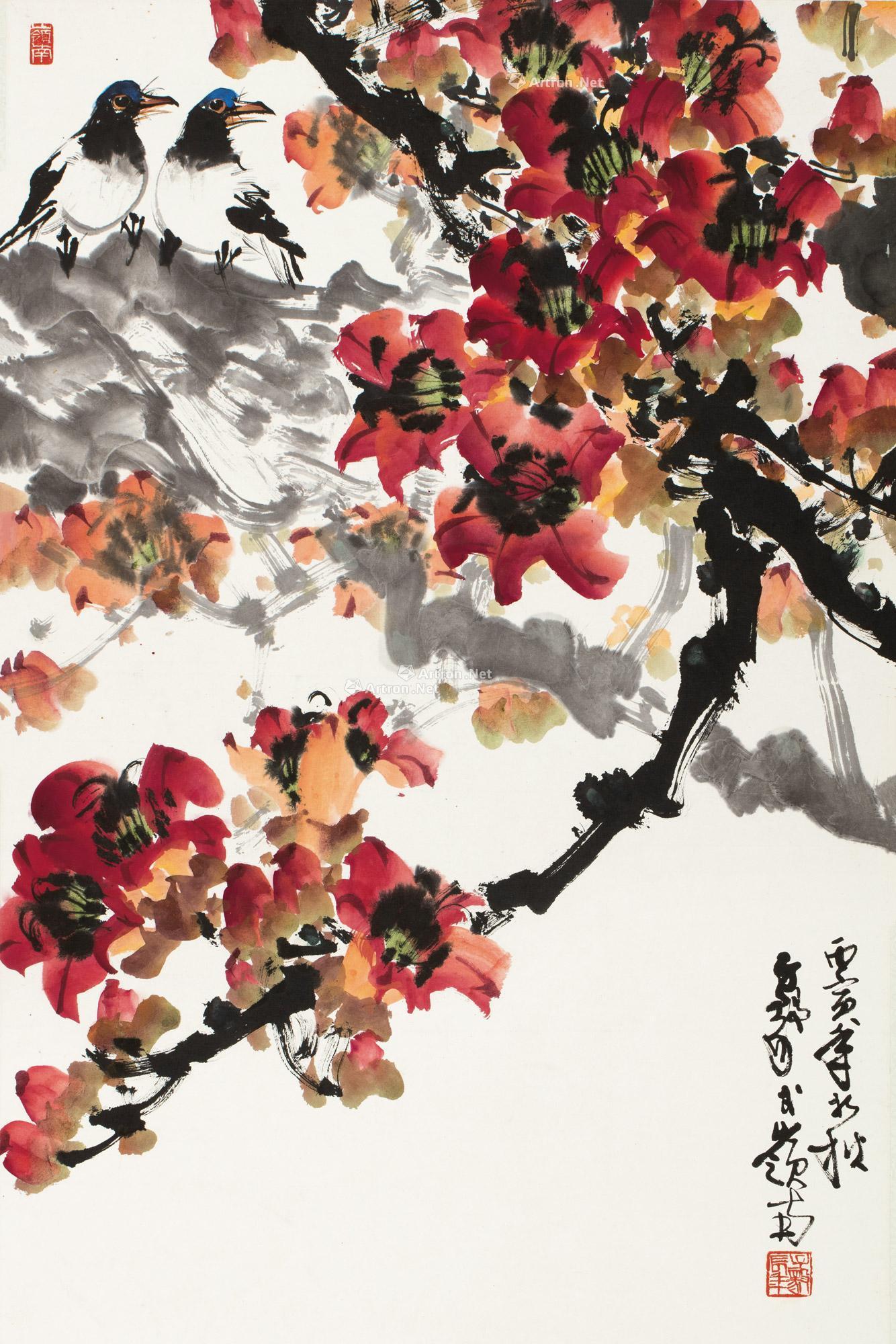 0041丙寅1986作红棉双鸟镜片设色纸本