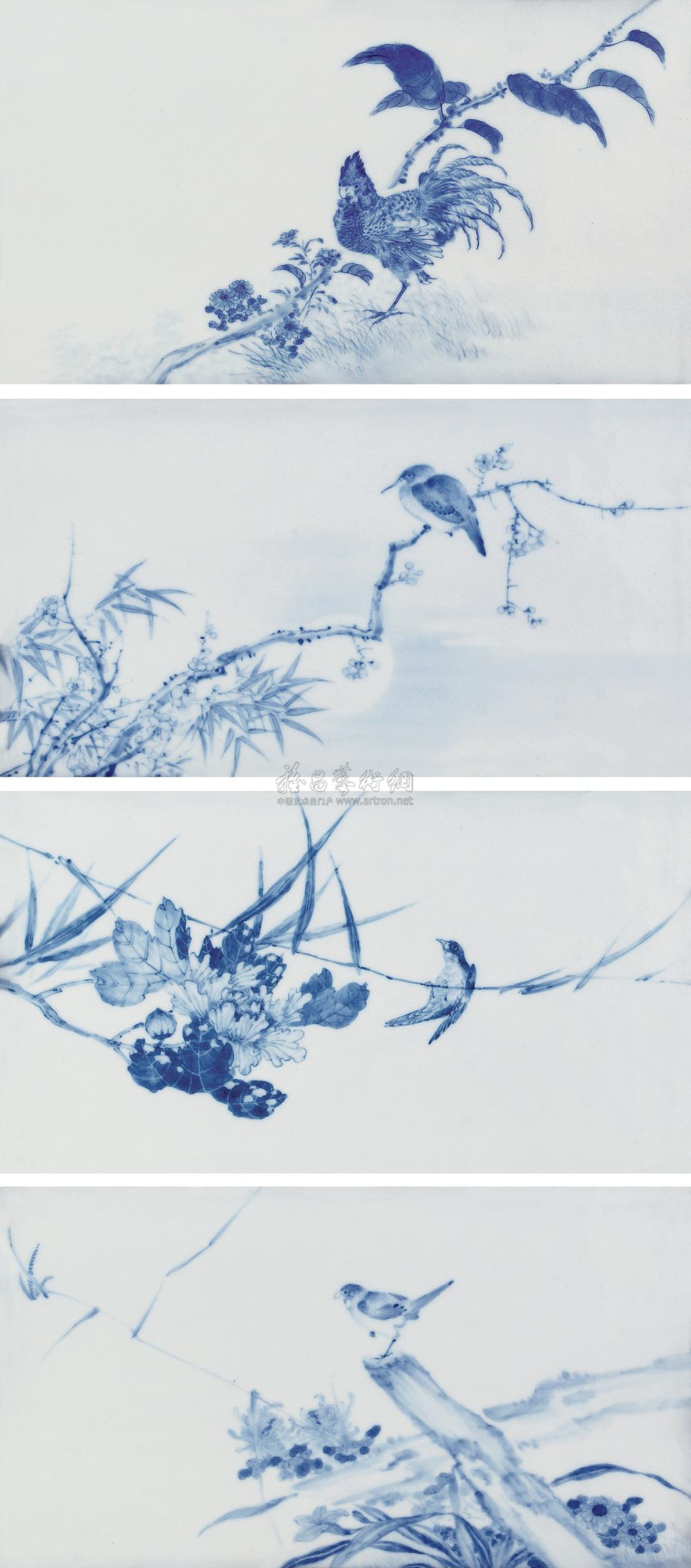 0243 民国 王步青花花鸟瓷板 (四件)