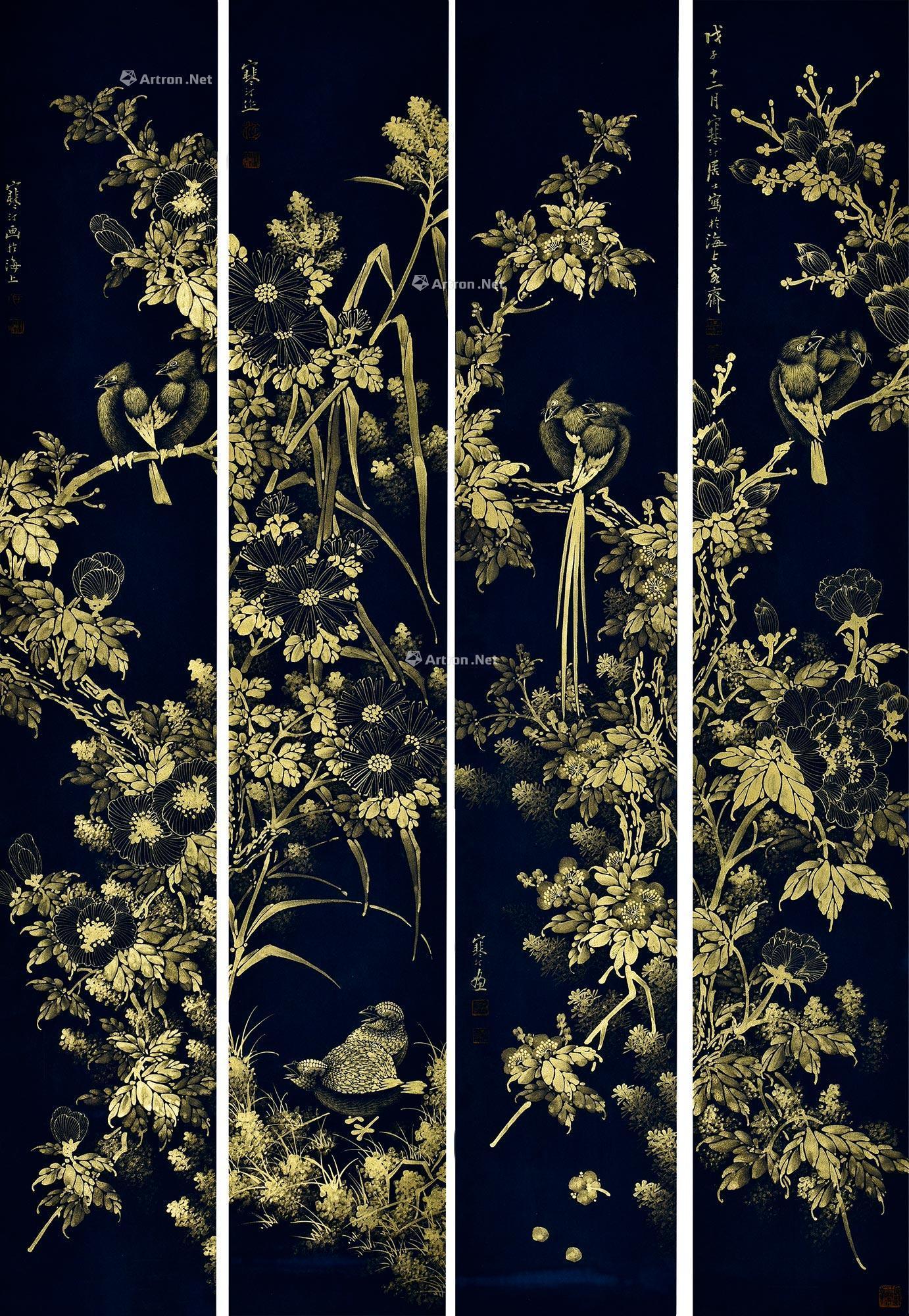 1006花鸟四条立轴金粉绢本