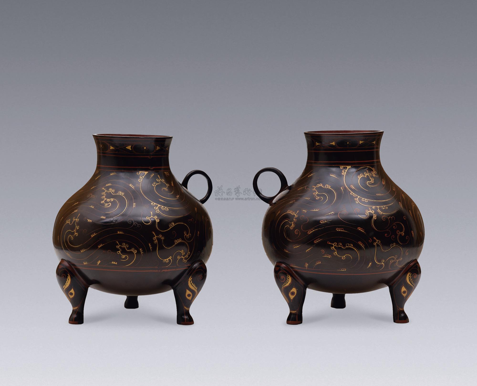 1269西汉夹纻胎大漆描金花浇一对