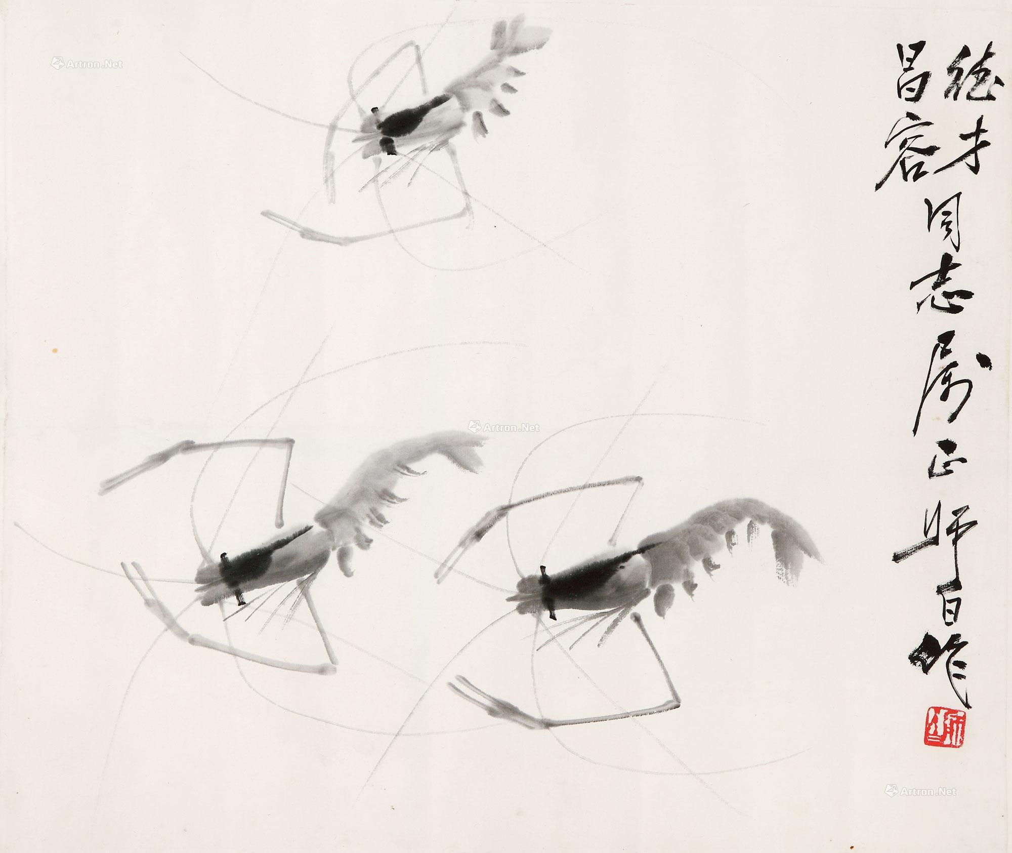 0153 80年代作 虾 镜片 水墨纸本