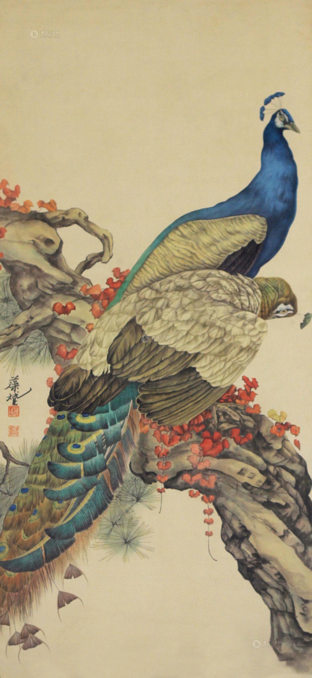 0128孔雀立轴绢本