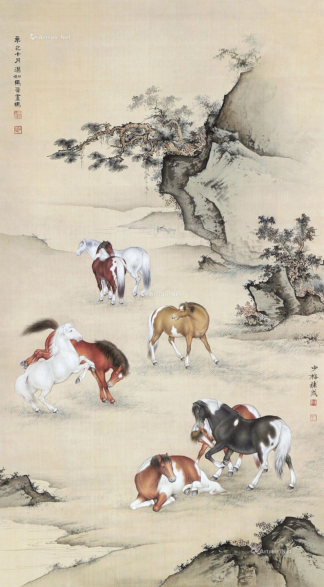 支持鼠标滚轮缩放区域大小超清无损大图0439马晋 陈少梅 八骏图 立轴