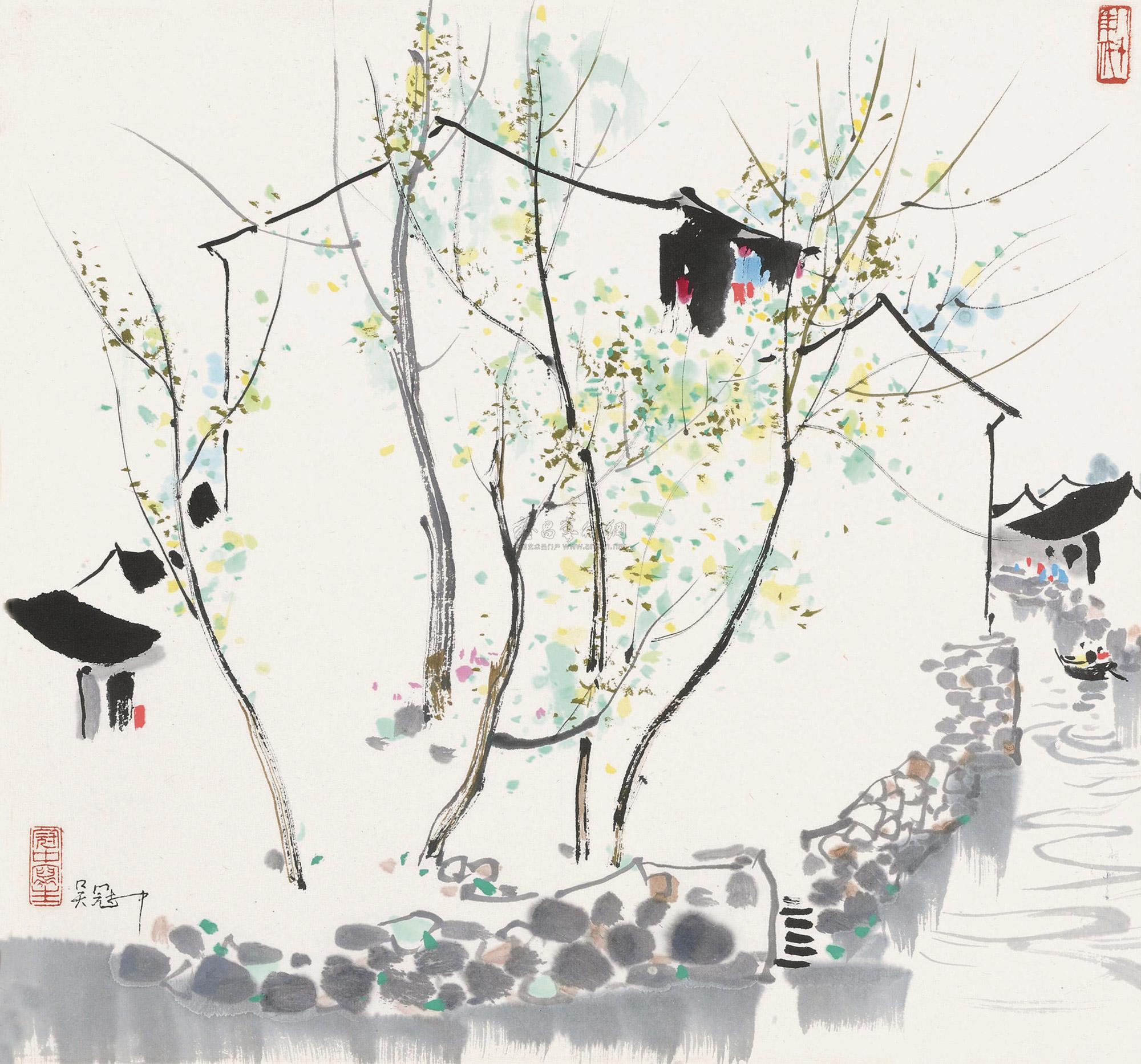 图片中的放大镜,支持鼠标滚轮缩放区域大小0339吴冠中 池塘春柳 镜心