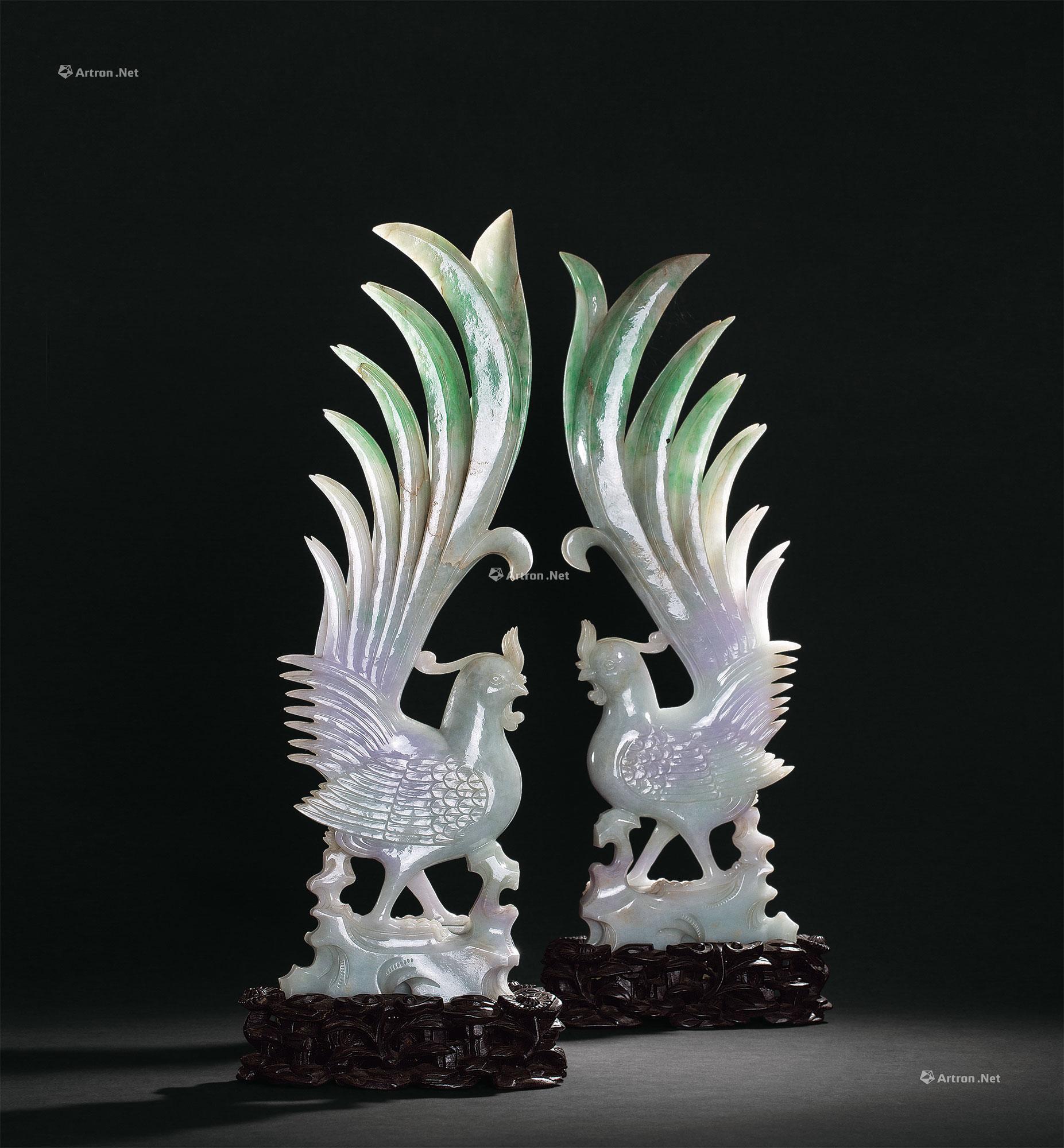 0333清翡翠紫罗兰凤凰摆件一对