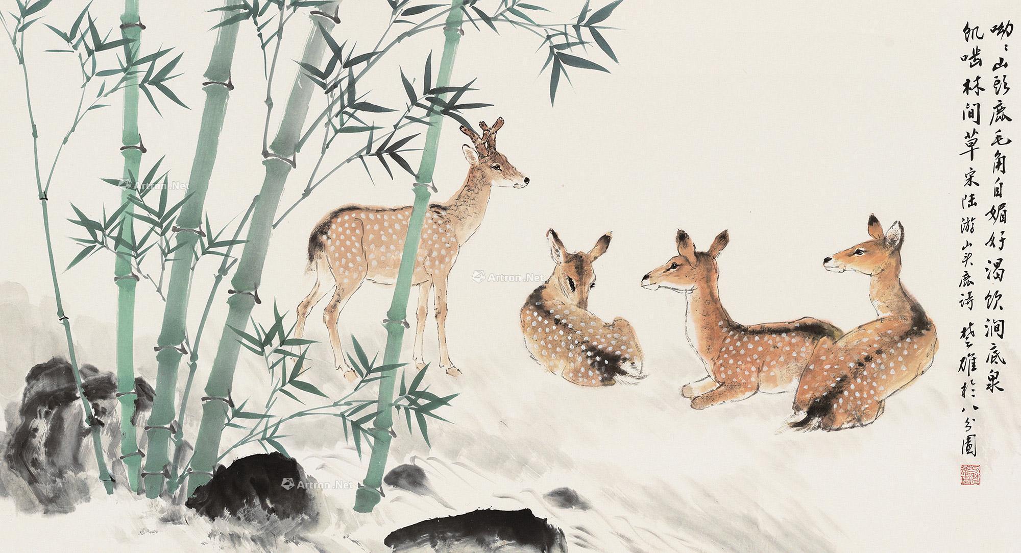 0164 竹林群鹿 镜片 设色纸本