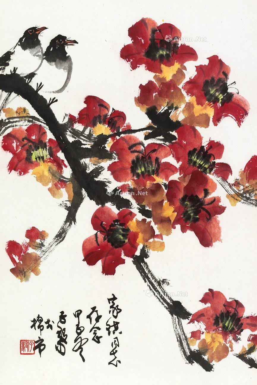 0295 红棉小鸟 镜片 设色纸本