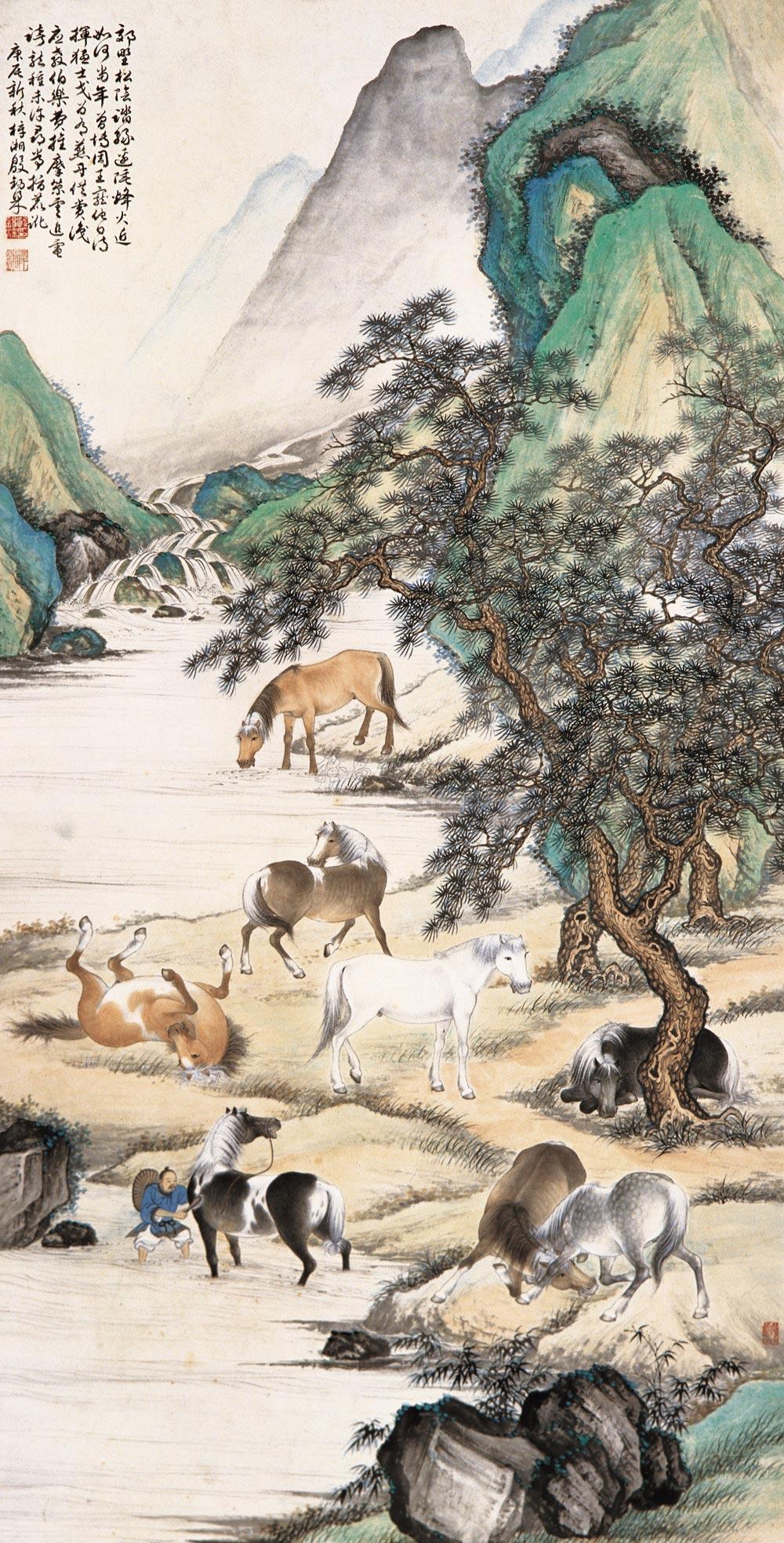 0147八骏图立轴纸本