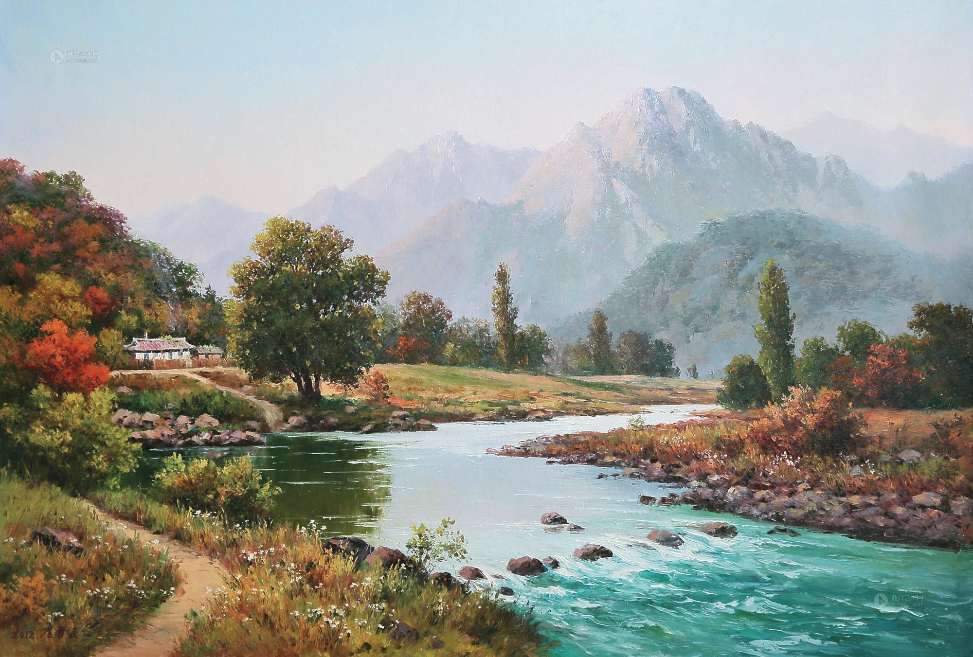 00042012年作溪边人家布面油画