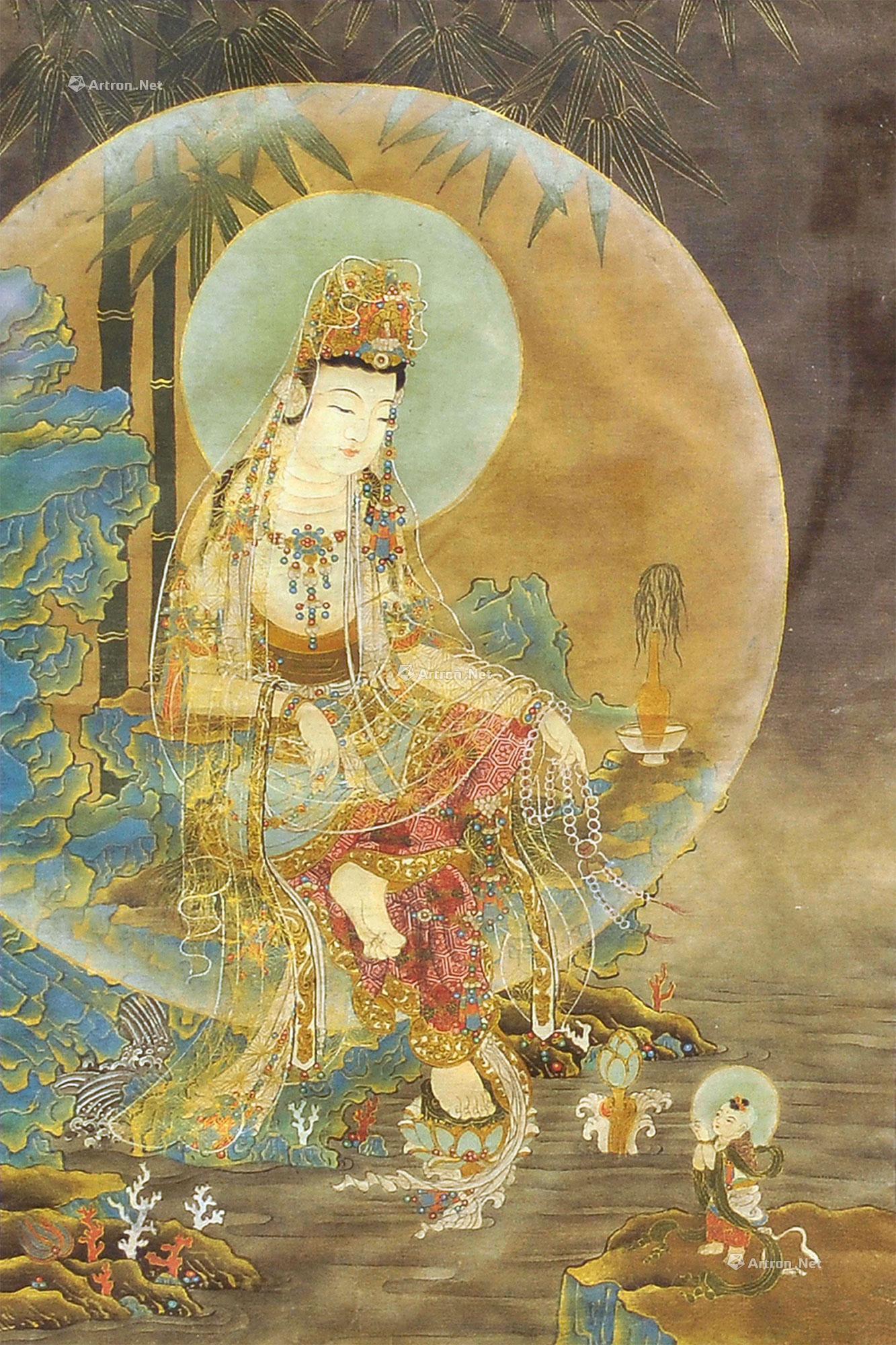 9093水月观音镜心设色绢本