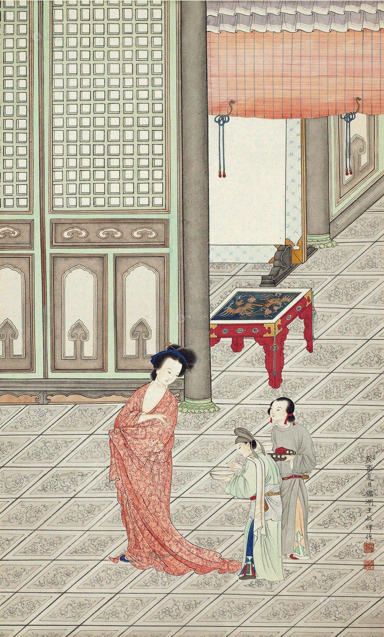 0376 1933年作 贵妃出浴图 镜片 设色纸本