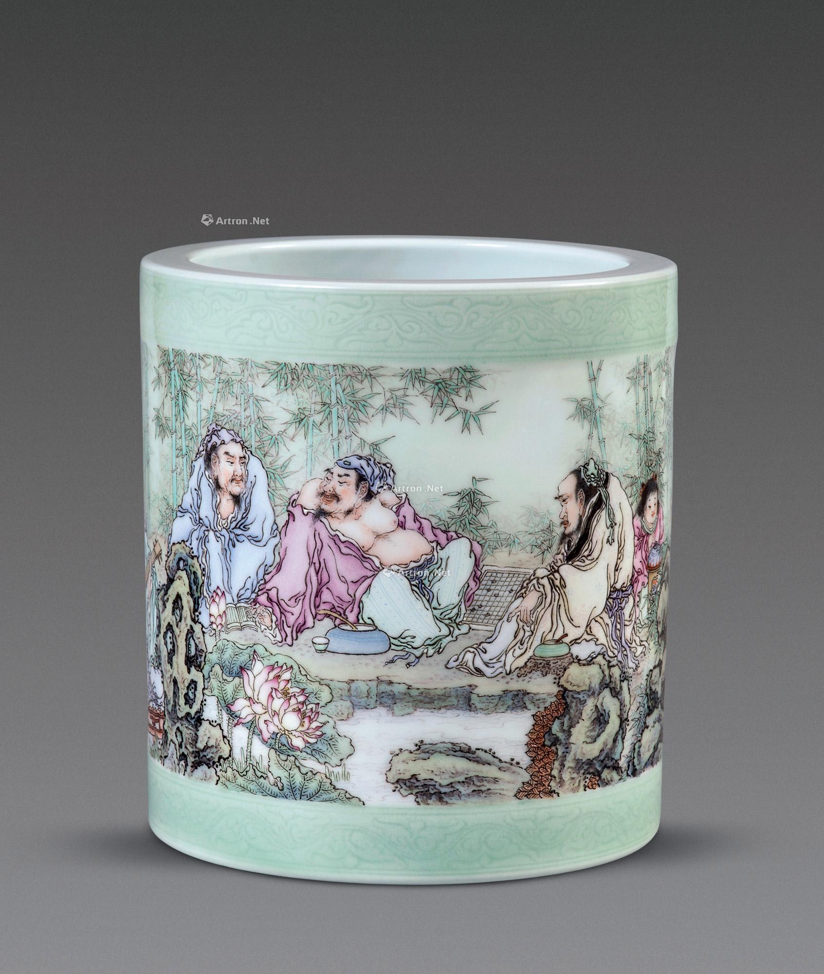 江振声 竹林七贤·粉彩笔筒-中国景德镇国际陶瓷博览会-雅昌拍卖
