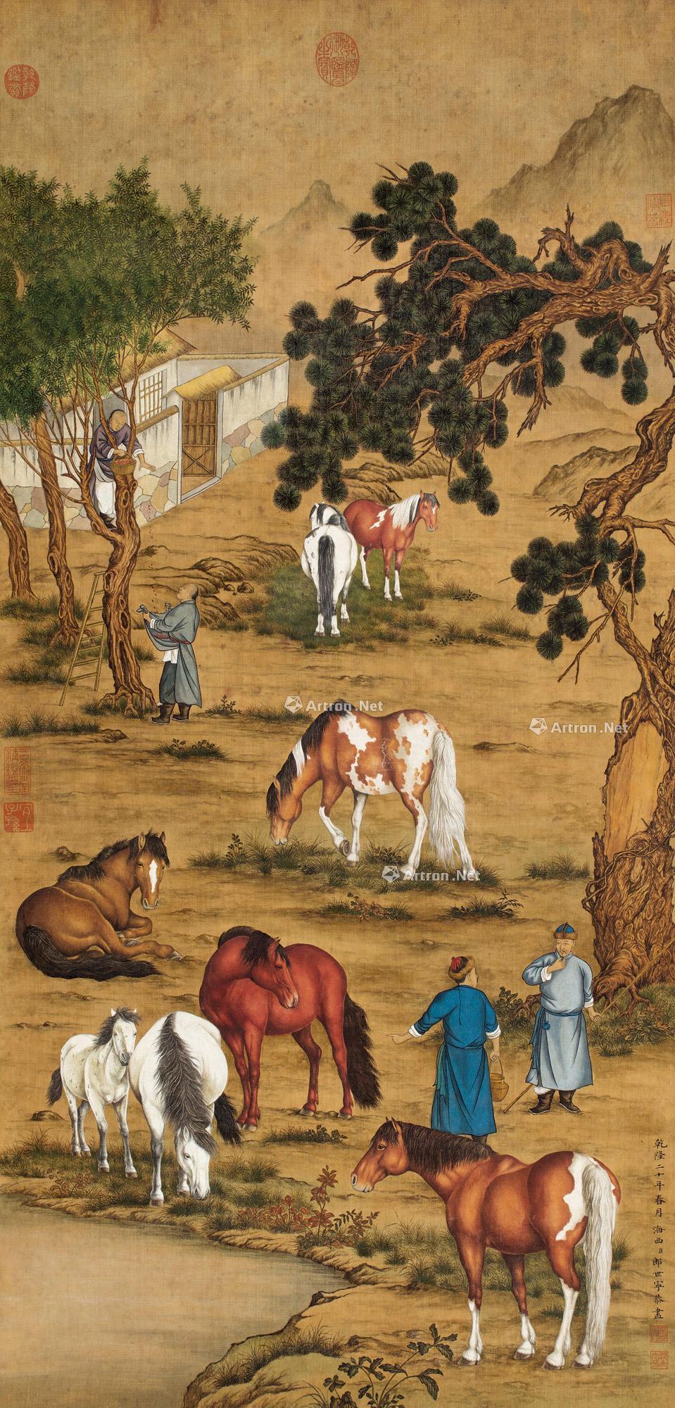 0733乾隆二十年1755年作八骏图镜片设色绢本