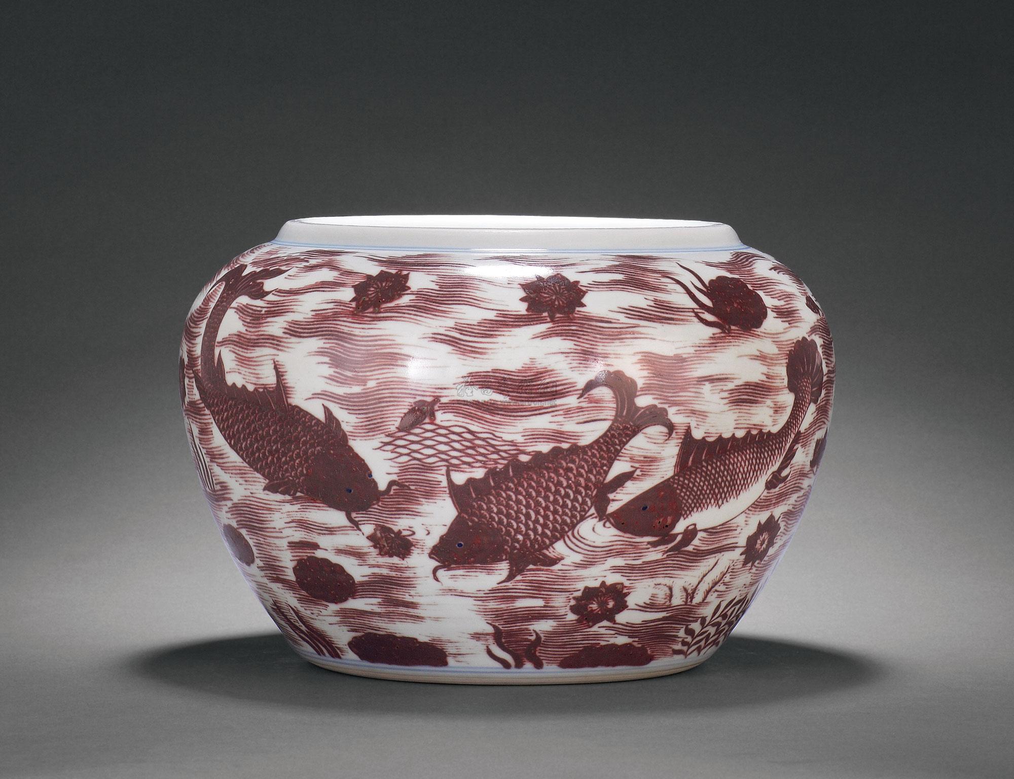 0083清康熙青花釉里红鱼藻纹缸