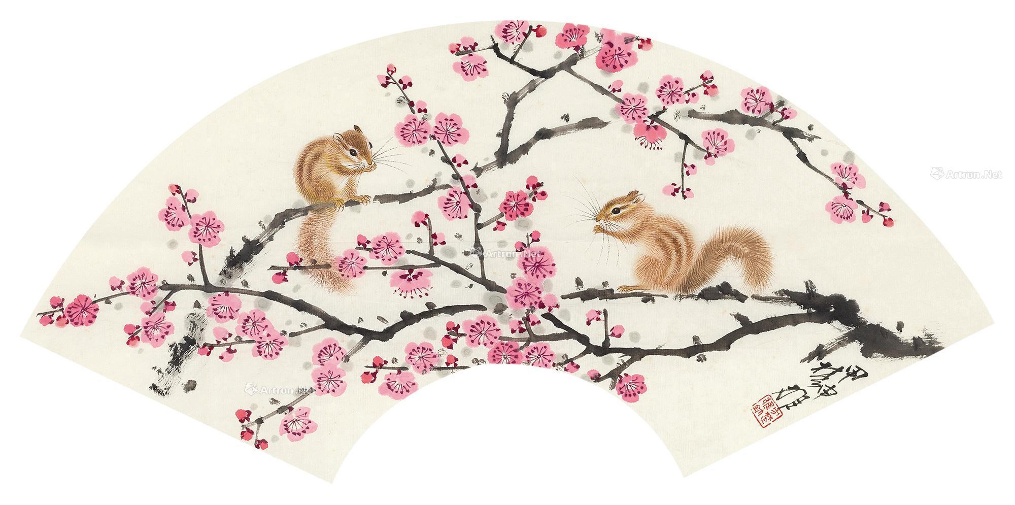 04952004年作梅花松鼠扇面设色纸本