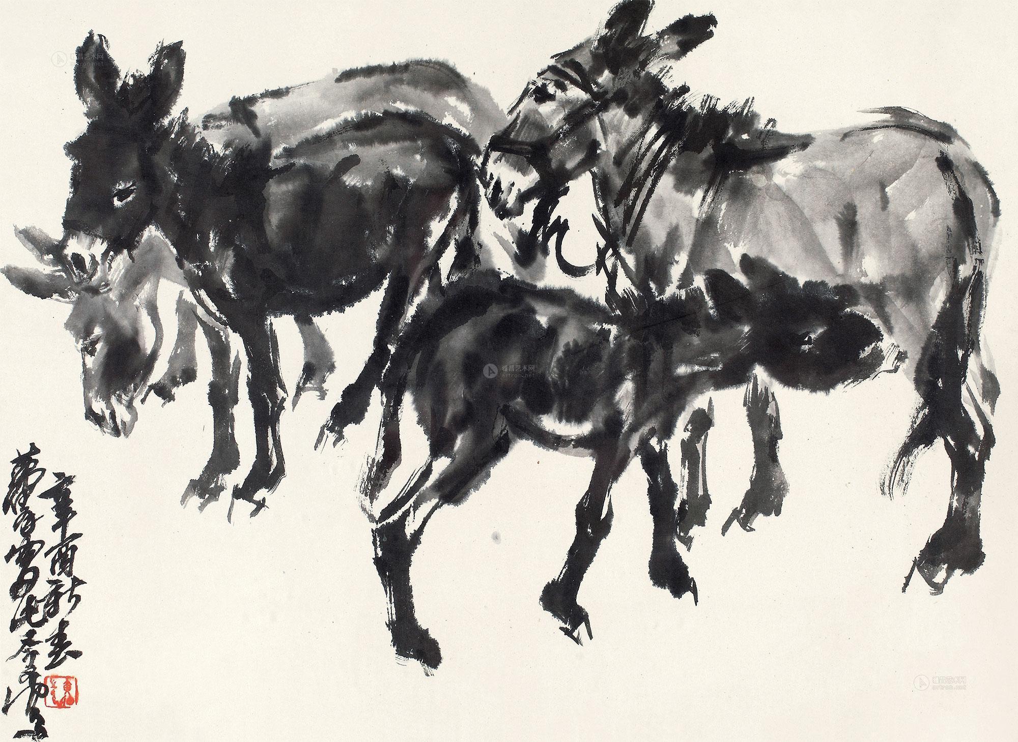 0442驴子四头镜框纸本