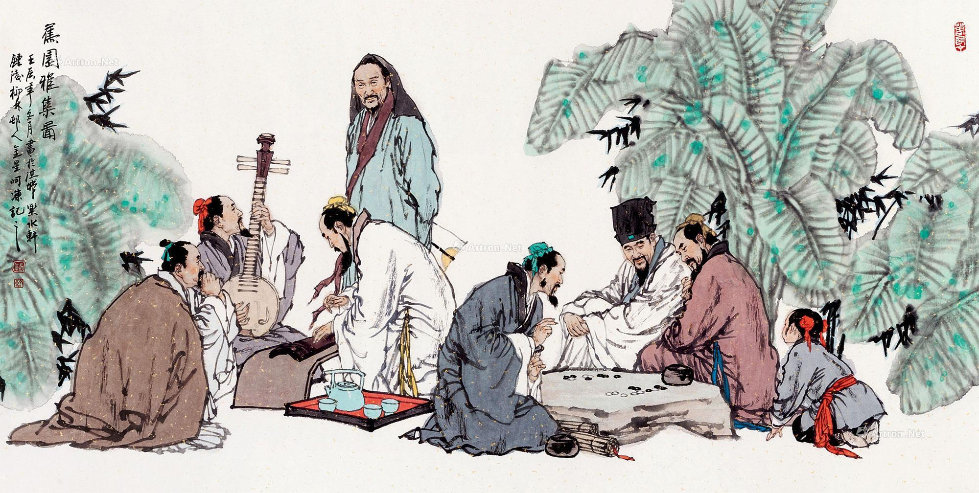 01252012年作蕉园雅集图镜片设色纸本