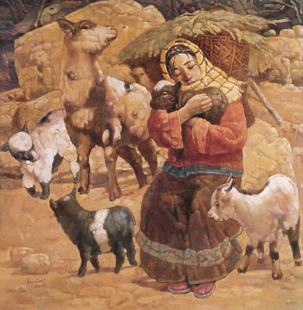 0669抱羊女子布面油画