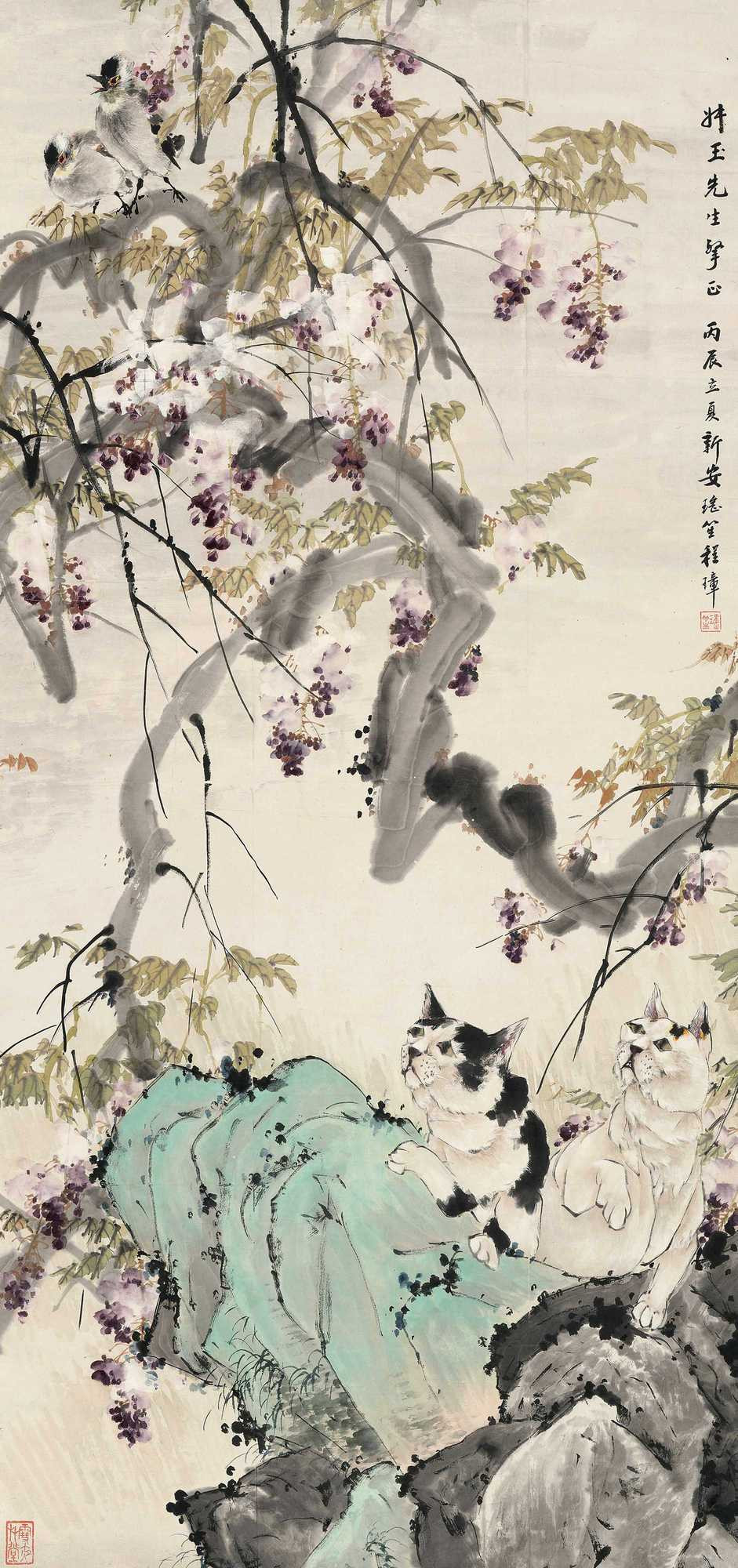 Blossoming Branches and Two Cats on Rock