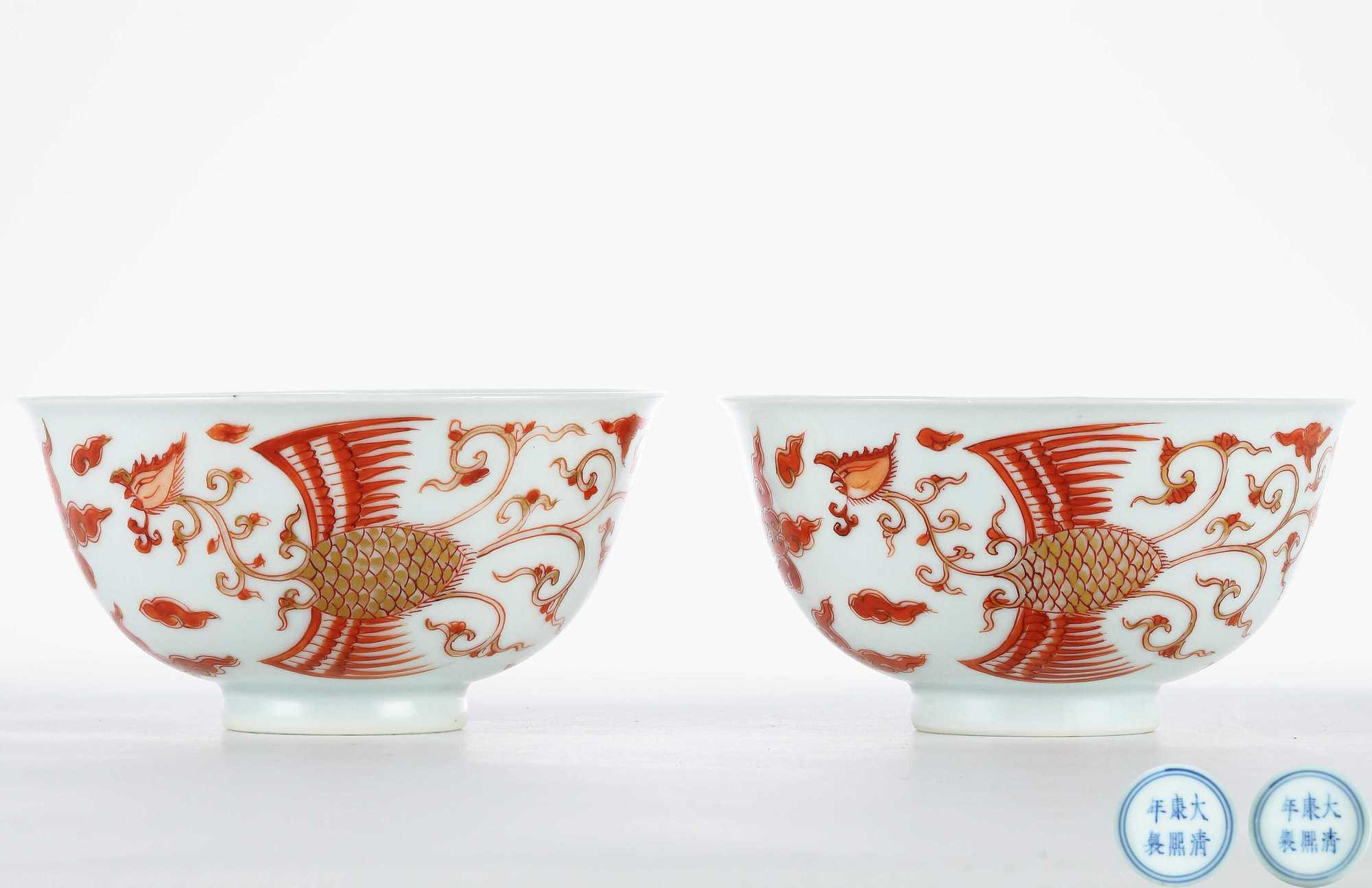A RARE PAIR OF IRON-RED‘PHOENIX’ BOWLS