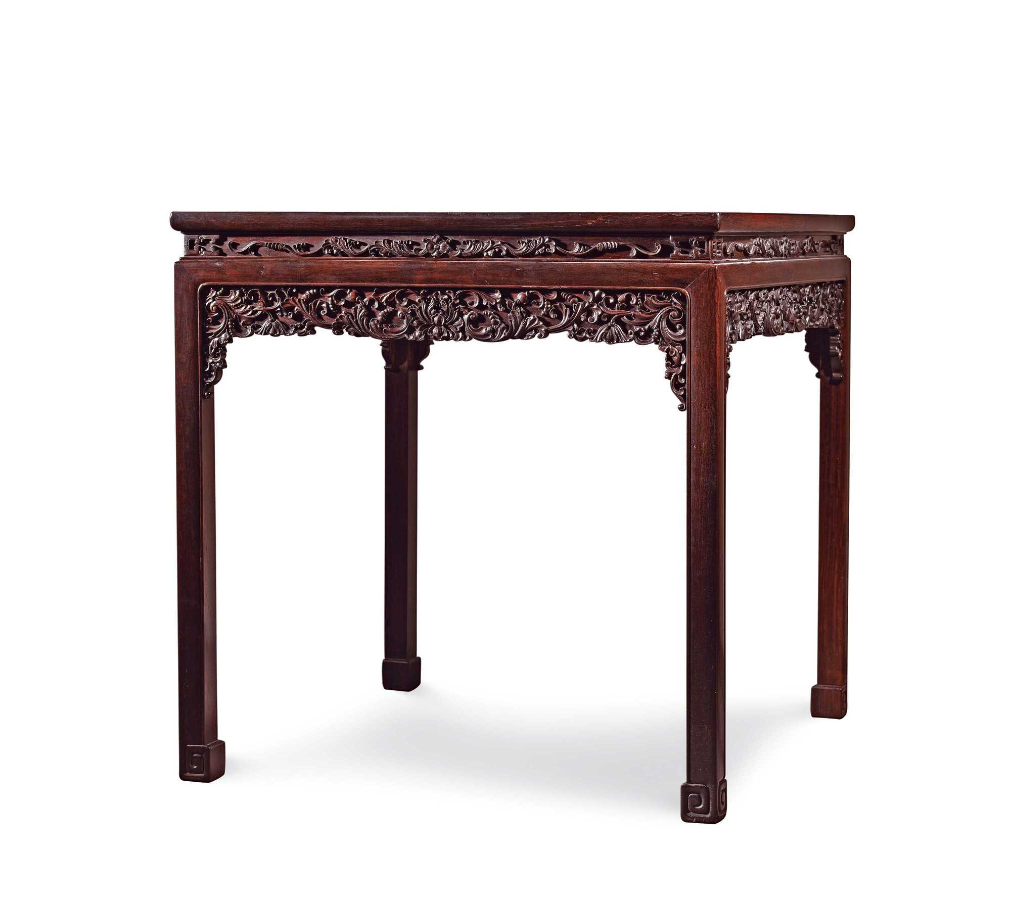 RED SANDALWOOD HIGH WAIST SQUARE TABLE WITH PASSION FLOWER PATTERN