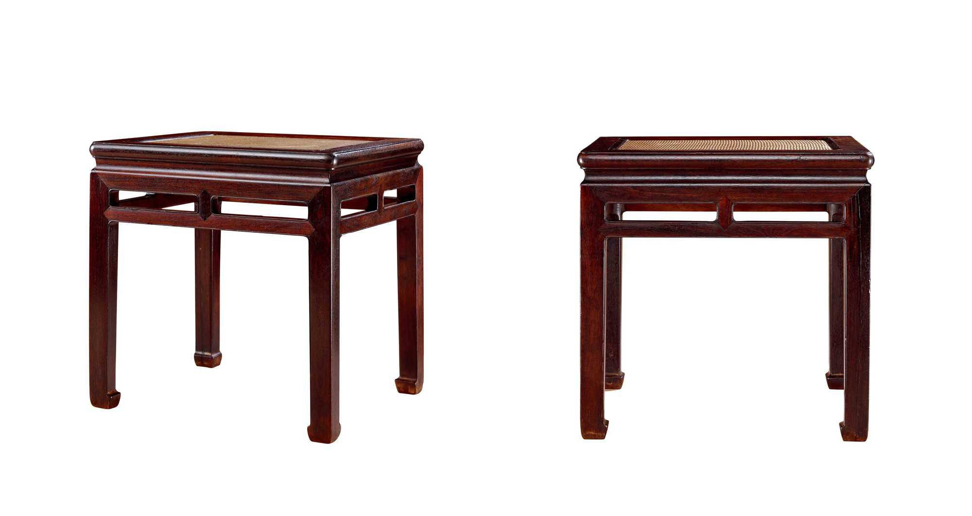 PAIR OF RED SANDALWOOD SHORT SQUARE STOOLS