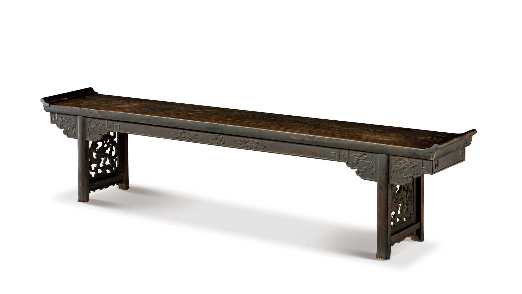 TIELIMU LARGE LONG TABLE WITH EVERTED ENDS ON A SOLID BOARD TOP IN CHILONG CARVINGS