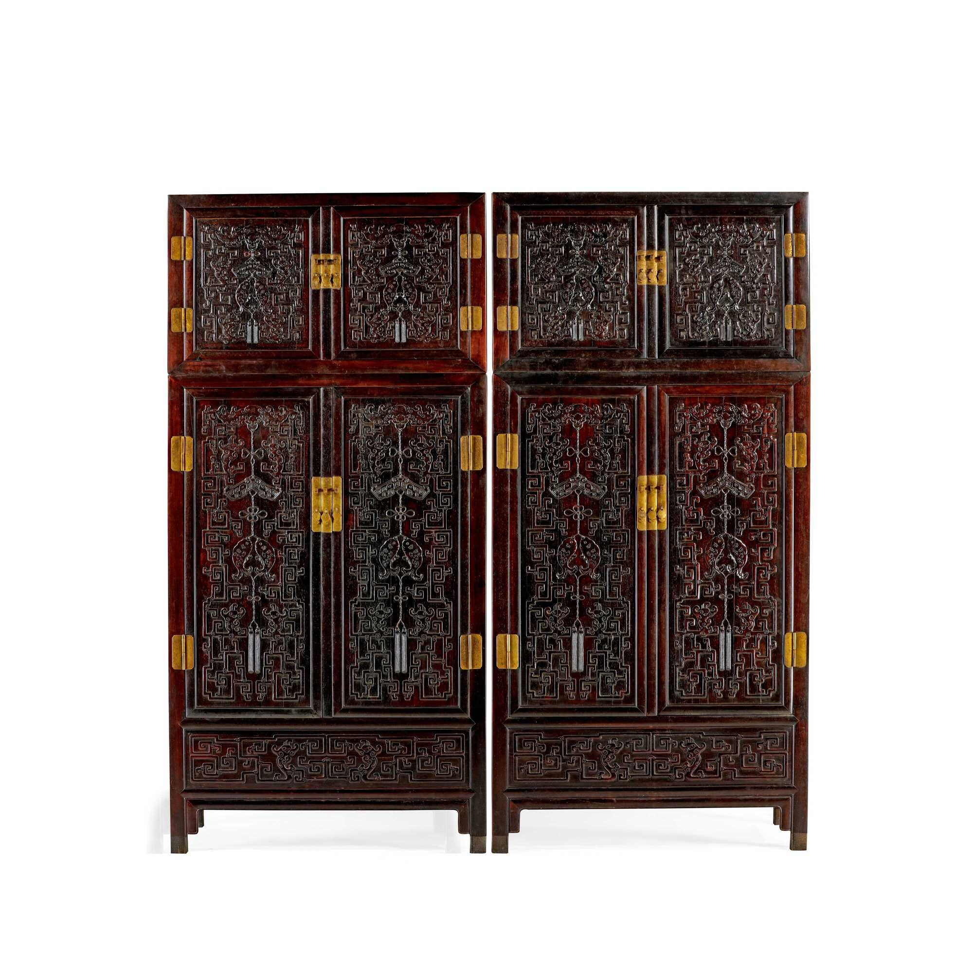 RED SANDALWOOD CABINET WITH TOP SHELVES CARVED IN HIGH RELIEF OF AUSPICIOUSNESS AND PROSPERITY “FU QING, YOU YU” DESIGN