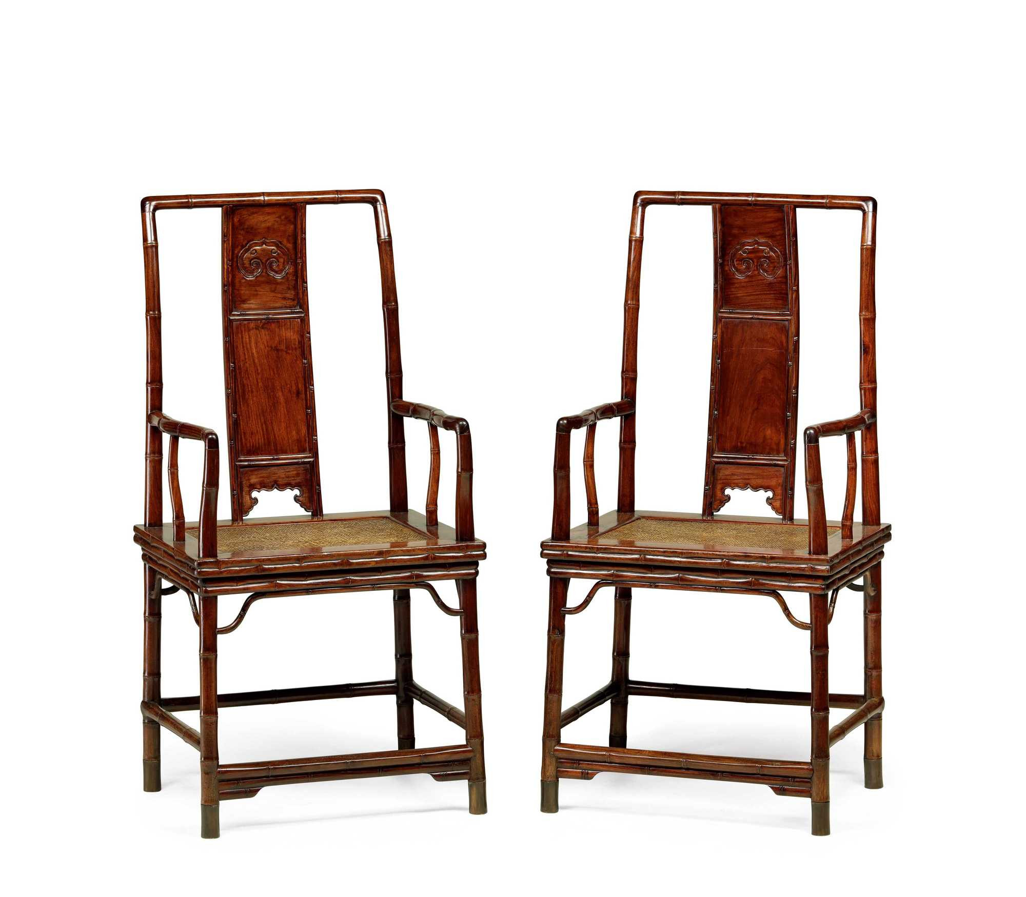 PAIR OF HUANGHUALI WOODEN YOKE-BACKED “OFFICIAL’S HAT” ARMCHAIRS IN BAMBOO JOINT DESIGN