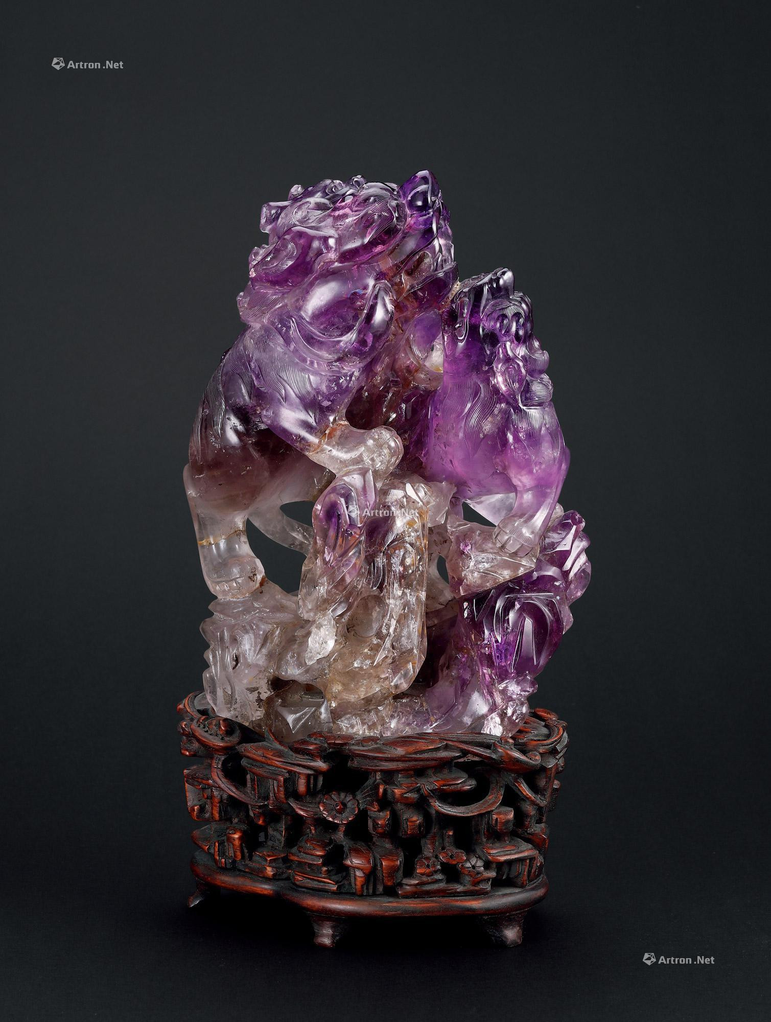 紫水晶雕“太狮少狮”摆件