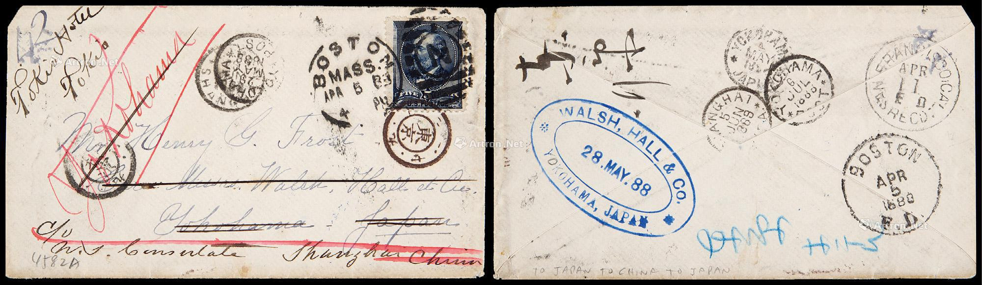 1888年美国寄日本改寄上海改退封，贴美国5分邮票一枚