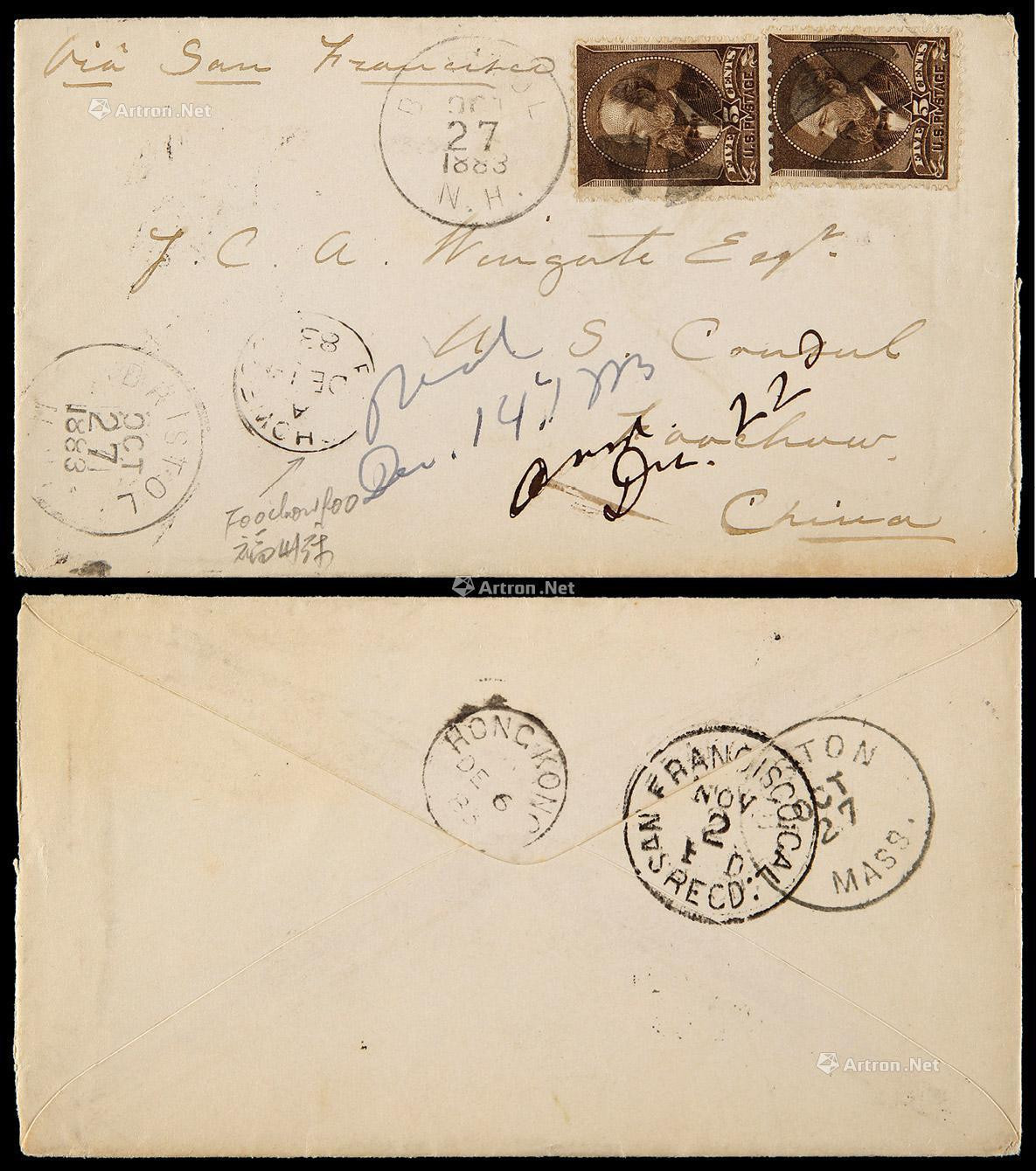 1883年美国寄福州进口封，贴美国5分邮票两枚
