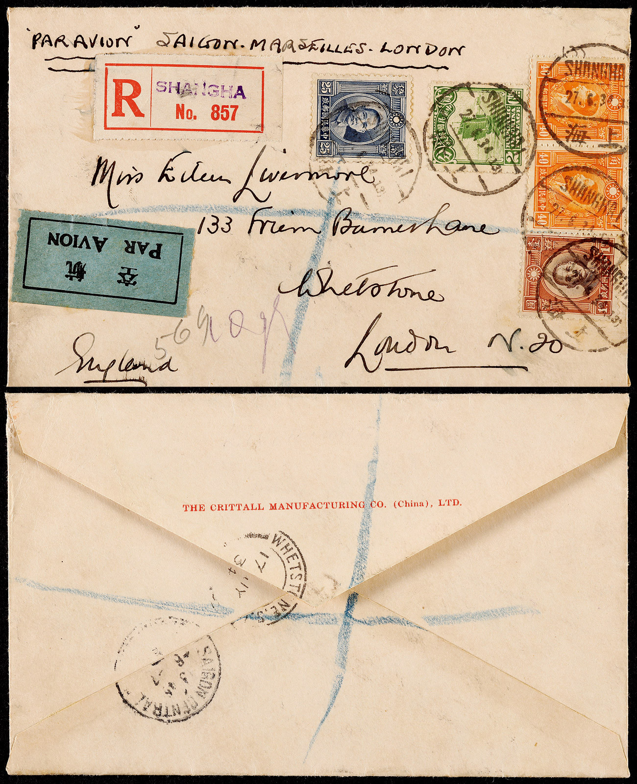 1934年上海寄英国航空挂号封，正贴烈士像40分两枚、伦敦版孙中山像单圈25分、双圈1元各一枚，帆船2分一枚，合计邮资2.07元