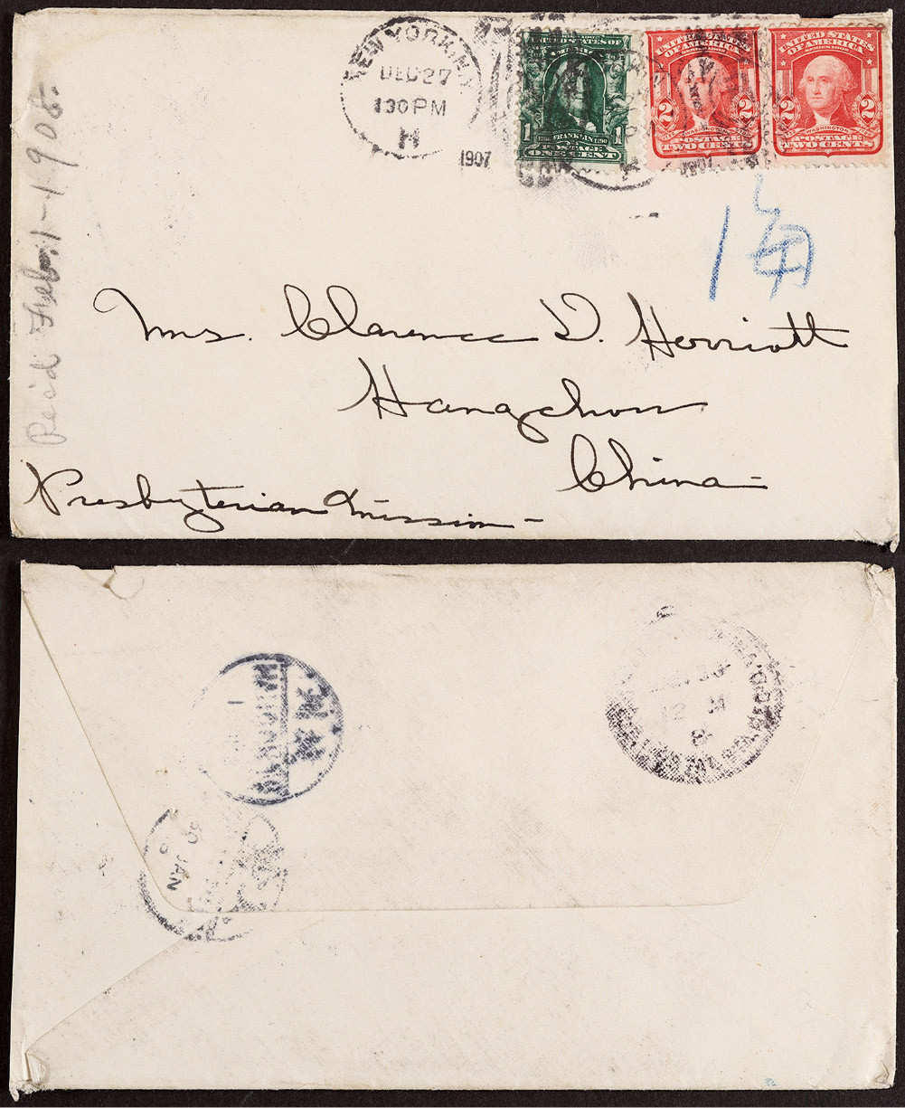1907年美国寄杭州进口封，贴美总统像三枚，计邮资5美分