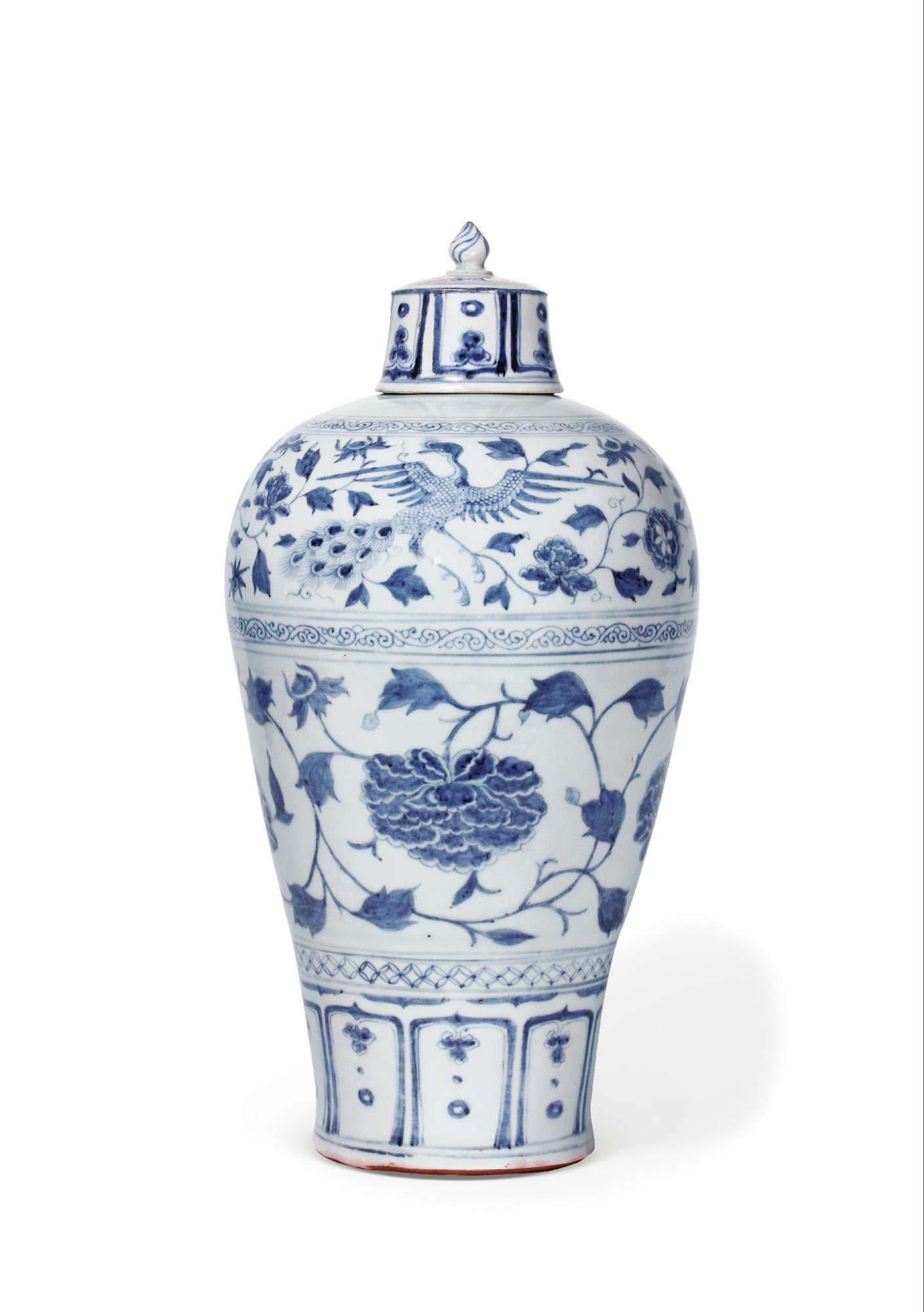 A VERY RARE AND LARGE BLUE AND COVERED VASE WITH DESIGN OF PEACOCK AND INTERLOCKING PEONY