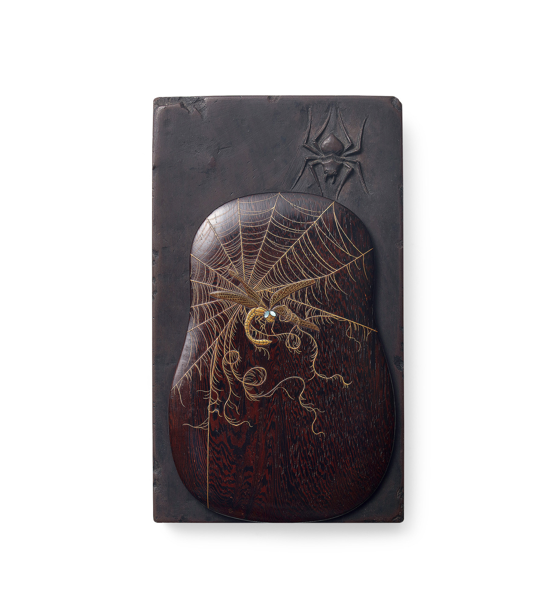 DUAN STONE CARVED INKSTONE WITH DESIGN OF SPIDER COLLECTED BY CHUN XING CAO TANG
