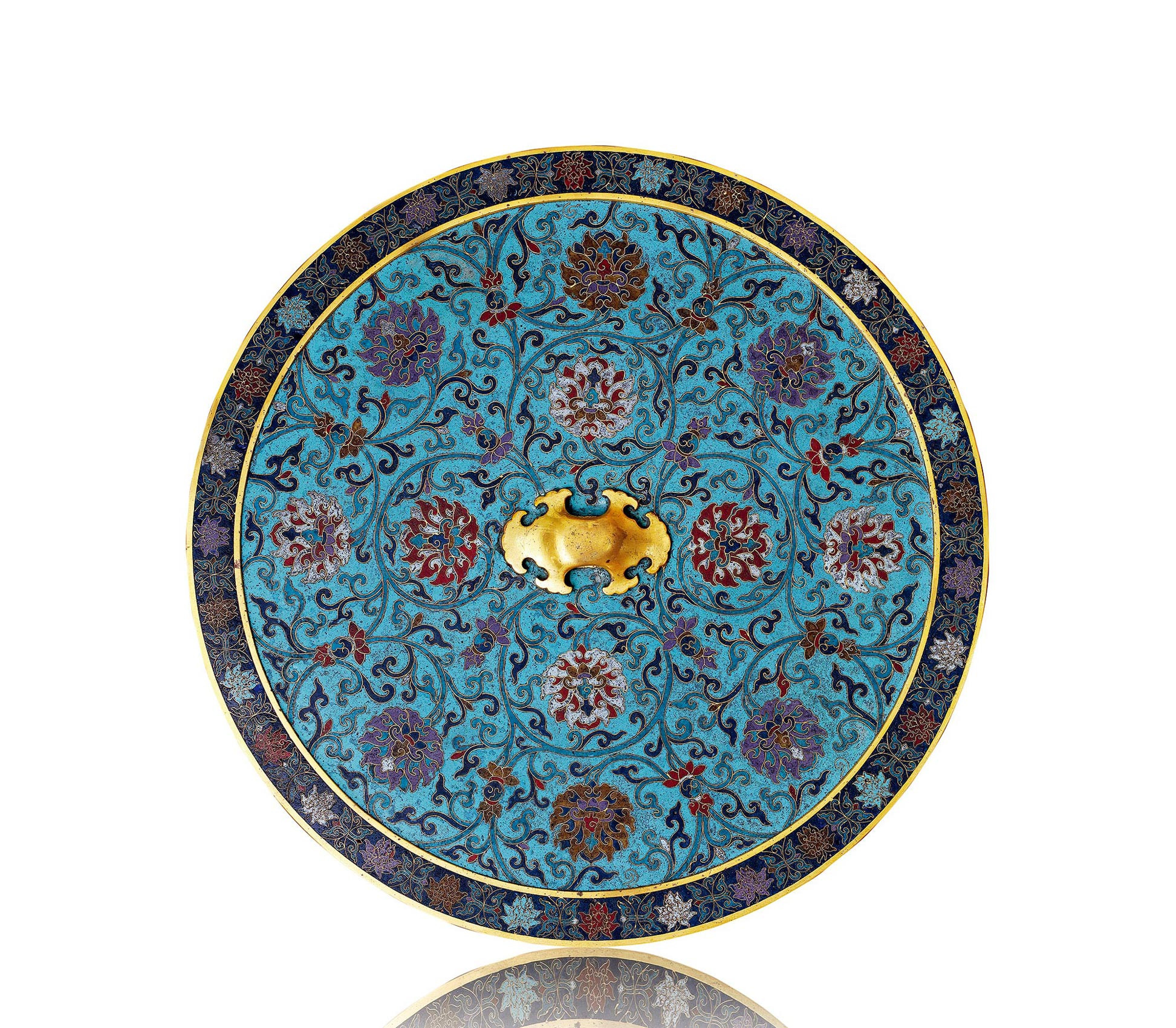 AN IMPERIAL AND MAGNIFICENT CLOISONNE ENAMEL ‘INTERLOCKING LOTUS’ MIRROR