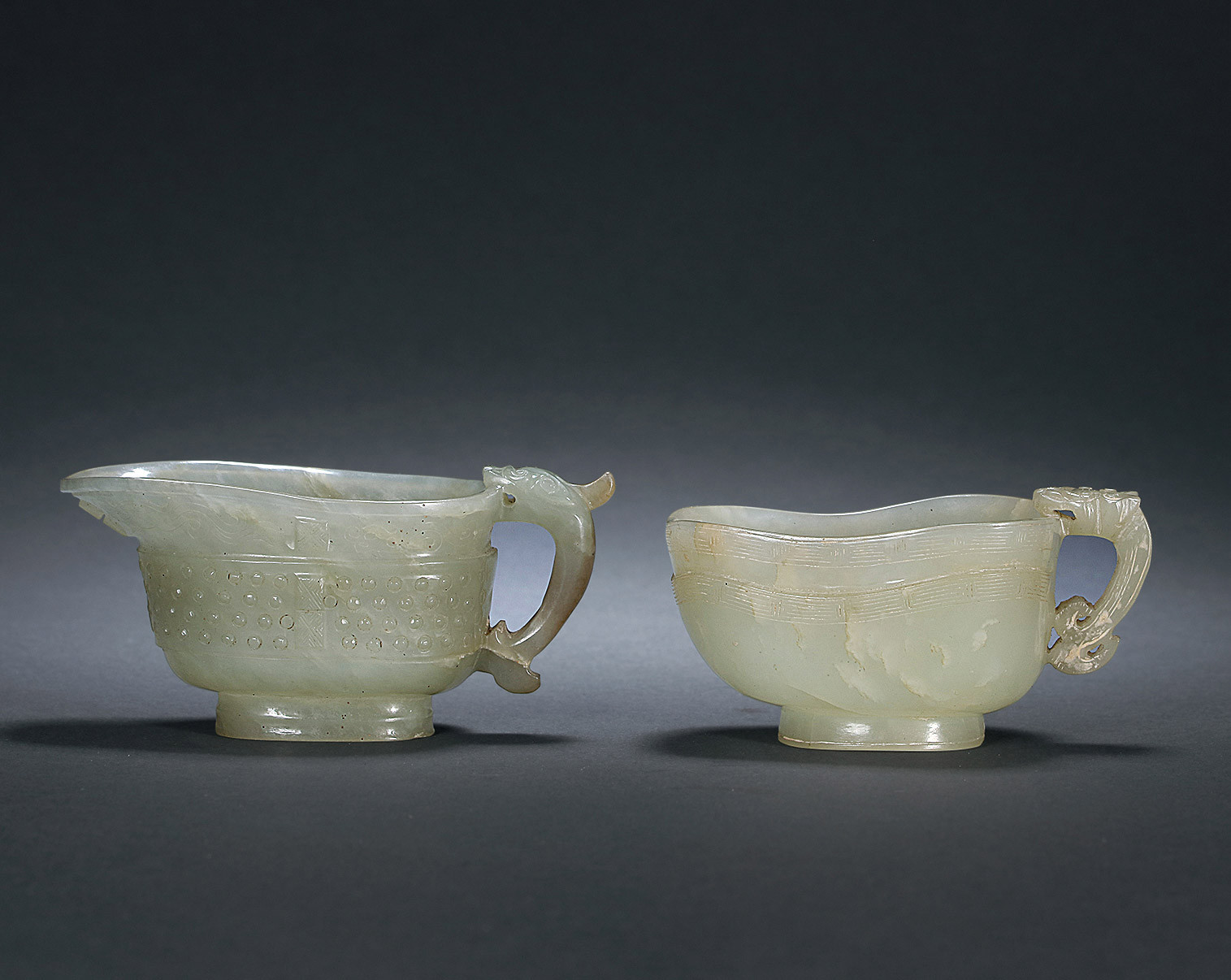 Cyan Jade Carved Cups with Dragon Shaped Handle （Two Pieces）