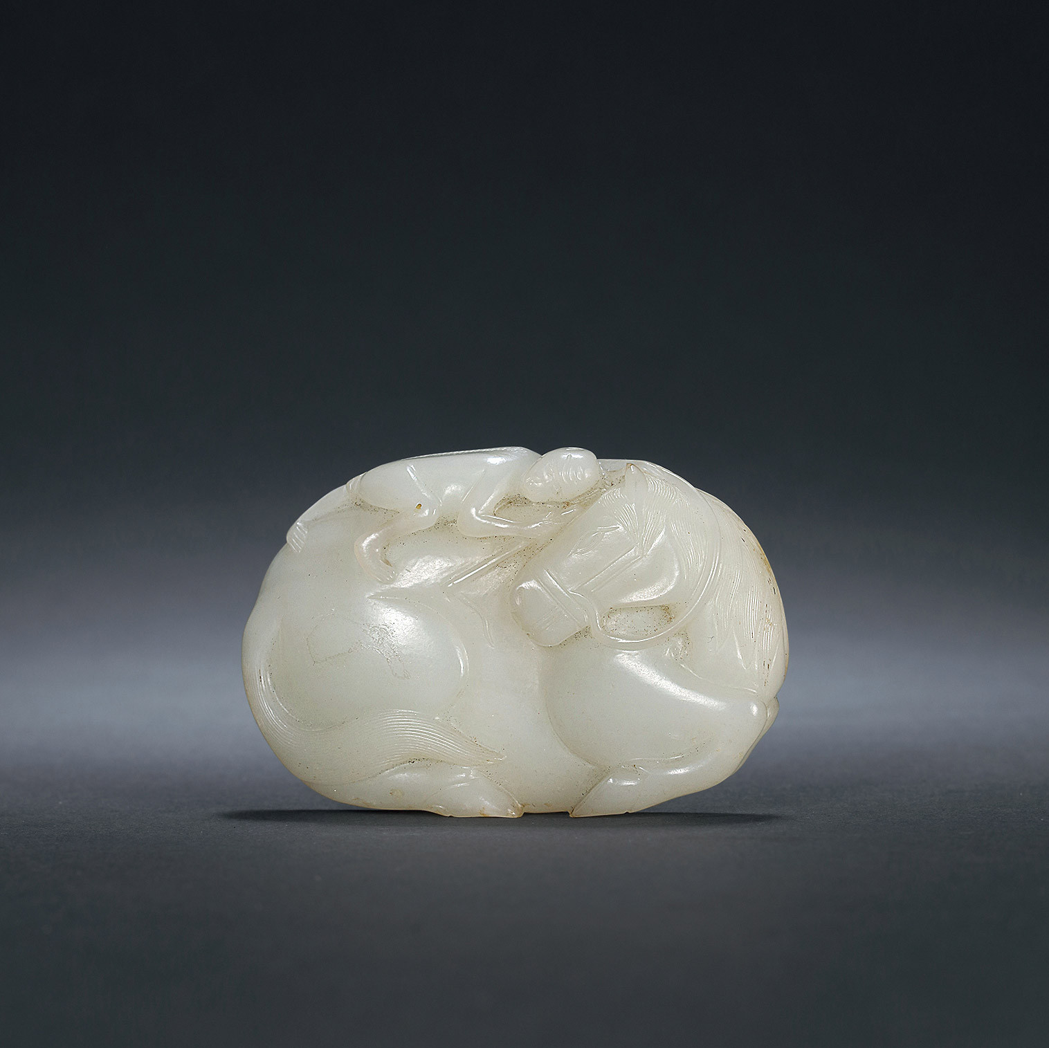 White Jade Carved Belt Clasp with Design of Monkey on Horse