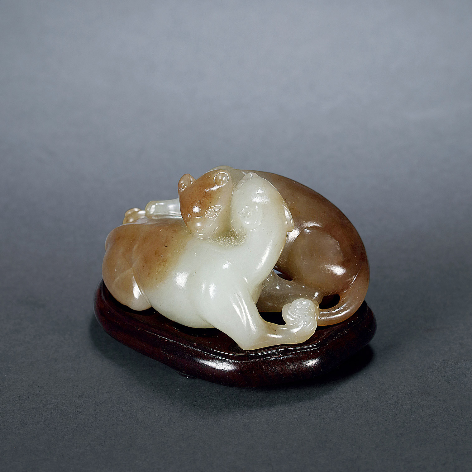 Light Greenish White Jade Carved Ornament with Design of Two badgers