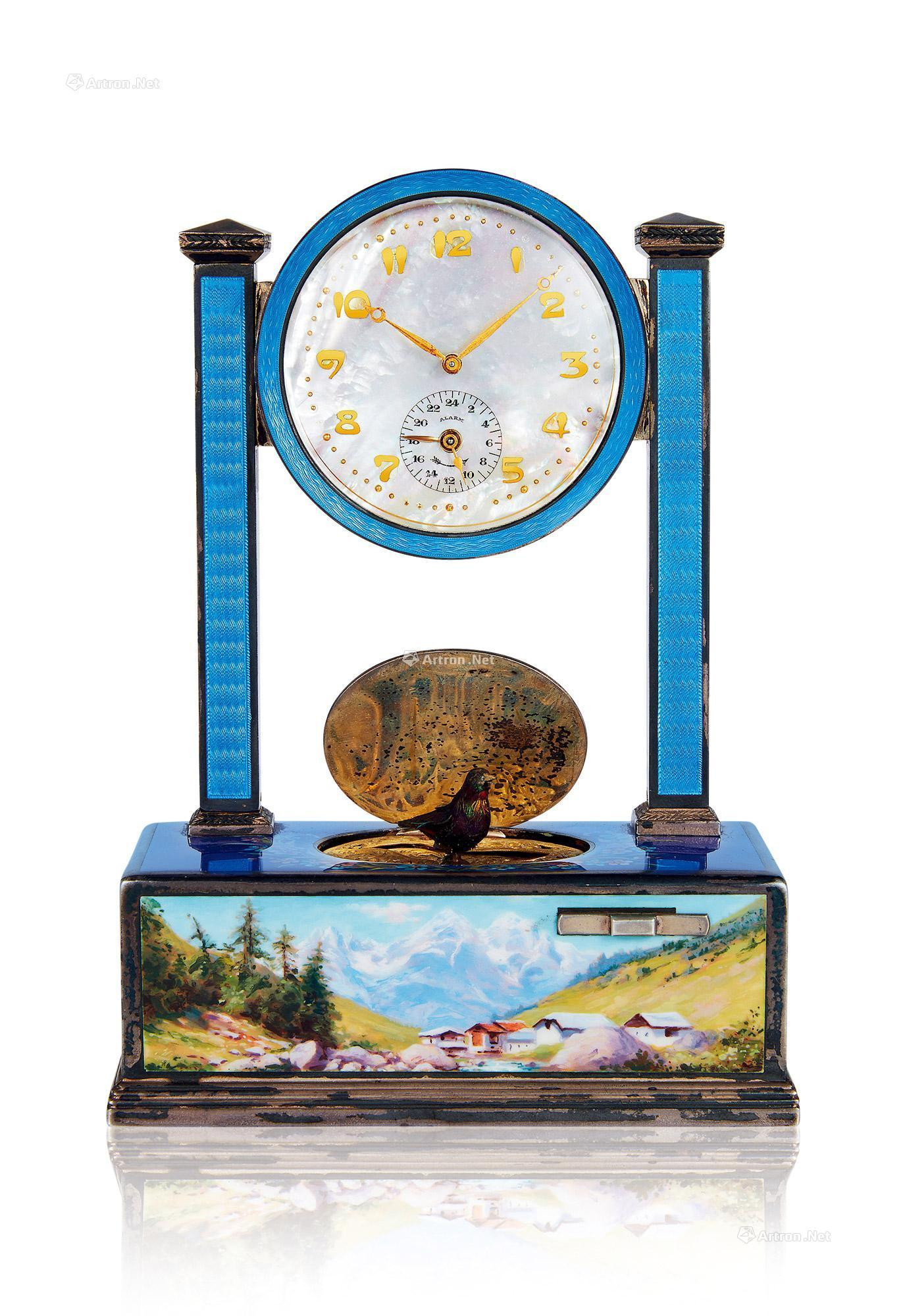 SWITZERLAND A SILVER BIRD SINGING BOX STYLE TABLE CLOCK WITH MOTHER-OF-PEARL DIAL AND ENAMEL CASE