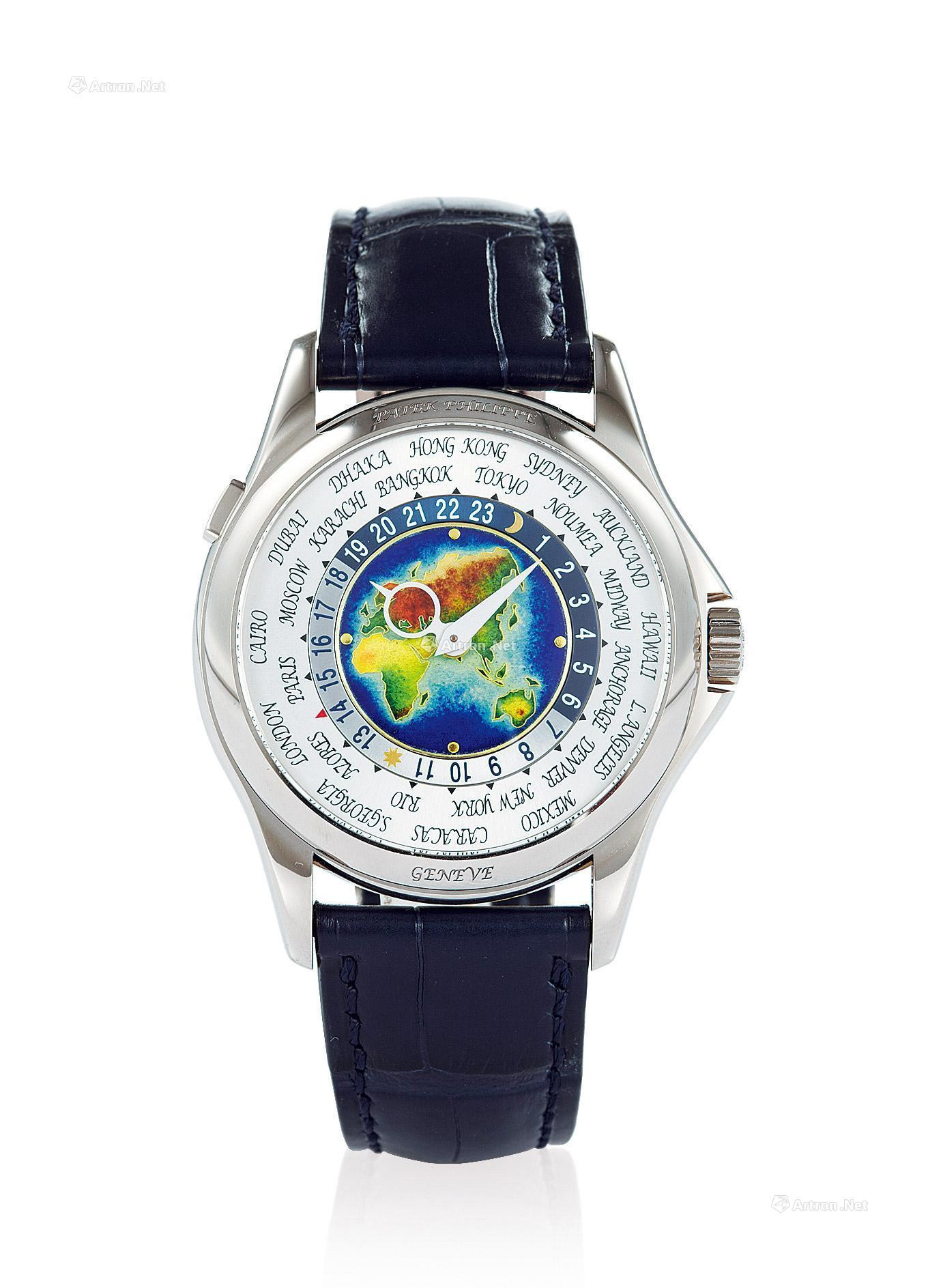 PATEK PHILIPPE A WHITE GOLD AUTOMATIC WRISTWATCH WITH WORLD TIME AND ENAMEL DIAL
