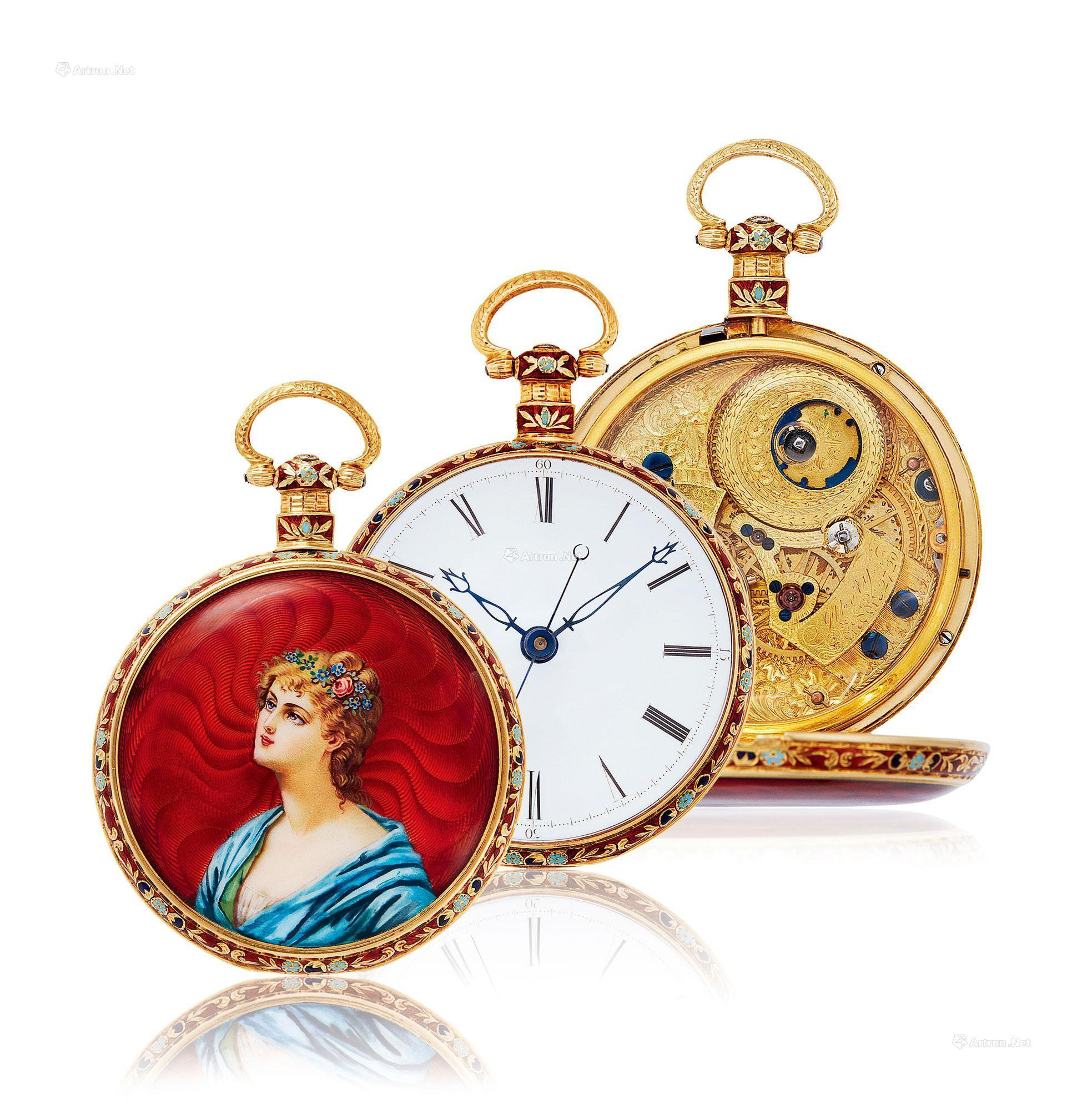 SWITZERLAND A YELLOW GOLD OPEN-FACED MANUALLY-WOUND POCKET WATCH WITH ENAMEL CASE